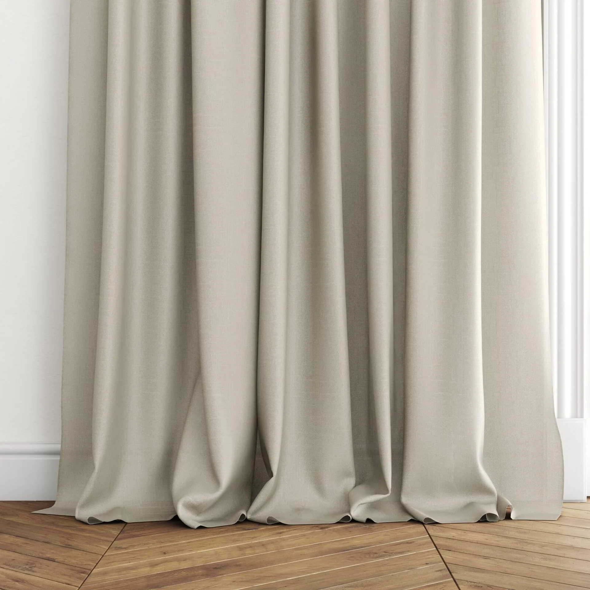 Bottom view of Gilgamesh Linen, puddled with pinch pleat, on curtain rod