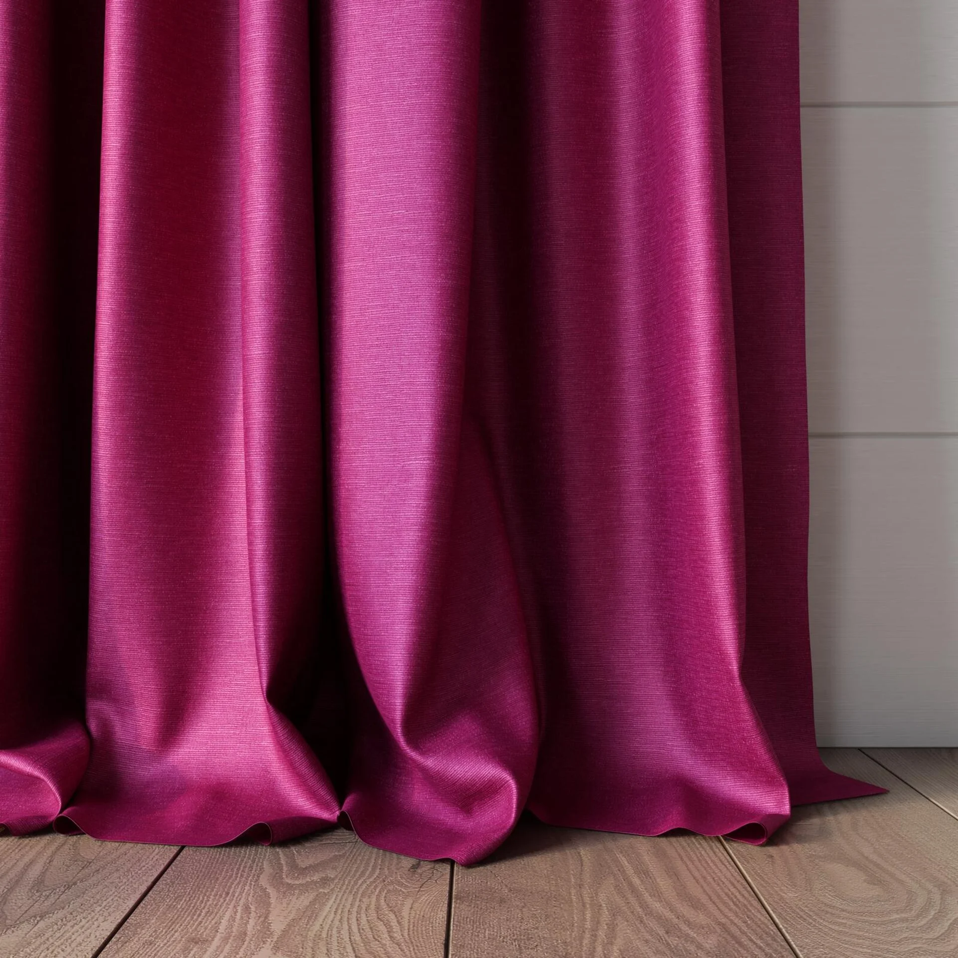 Bottom view of Provence Magenta, puddled, on curtain rod