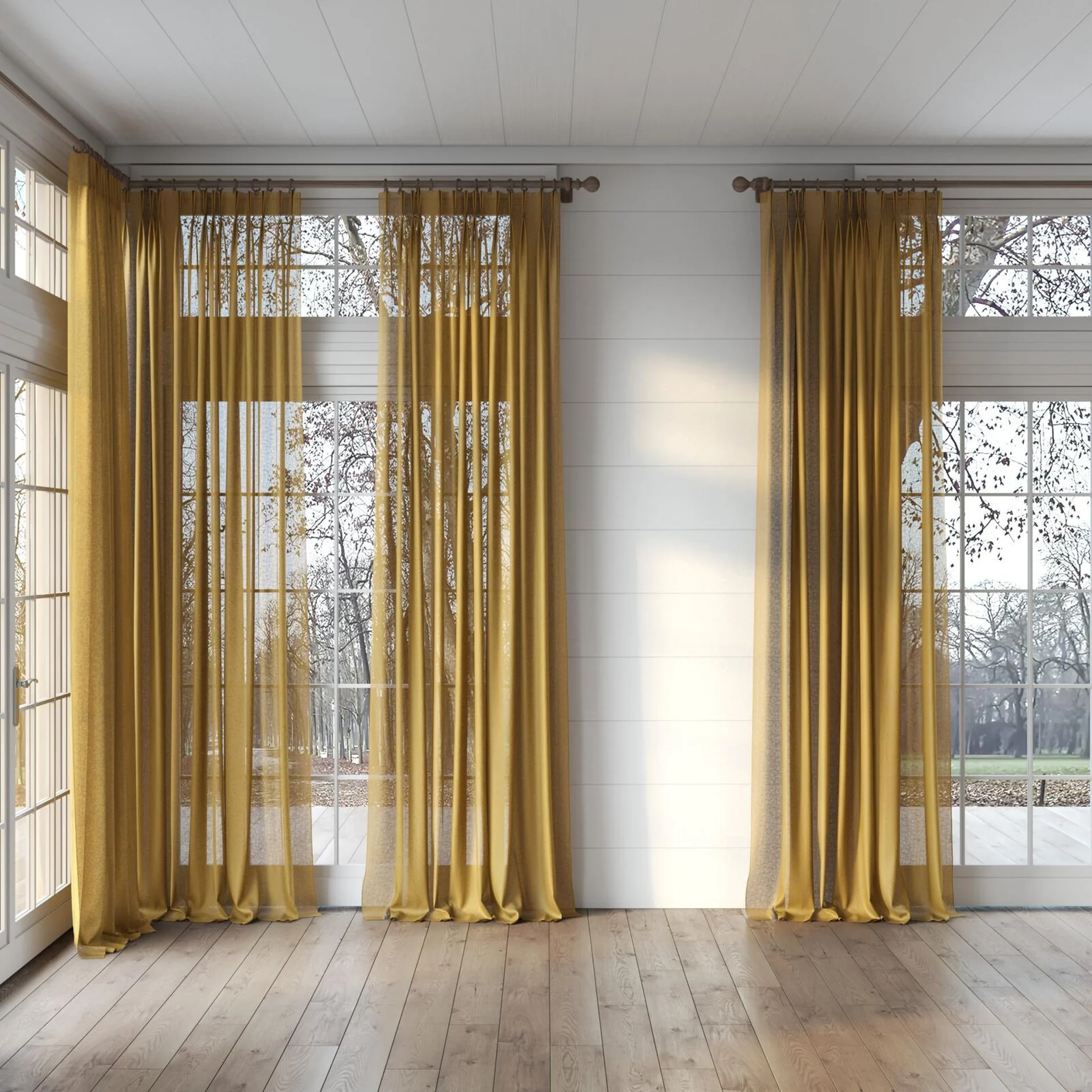 Full view of Laconia Air Ochre, puddled, on curtain rod