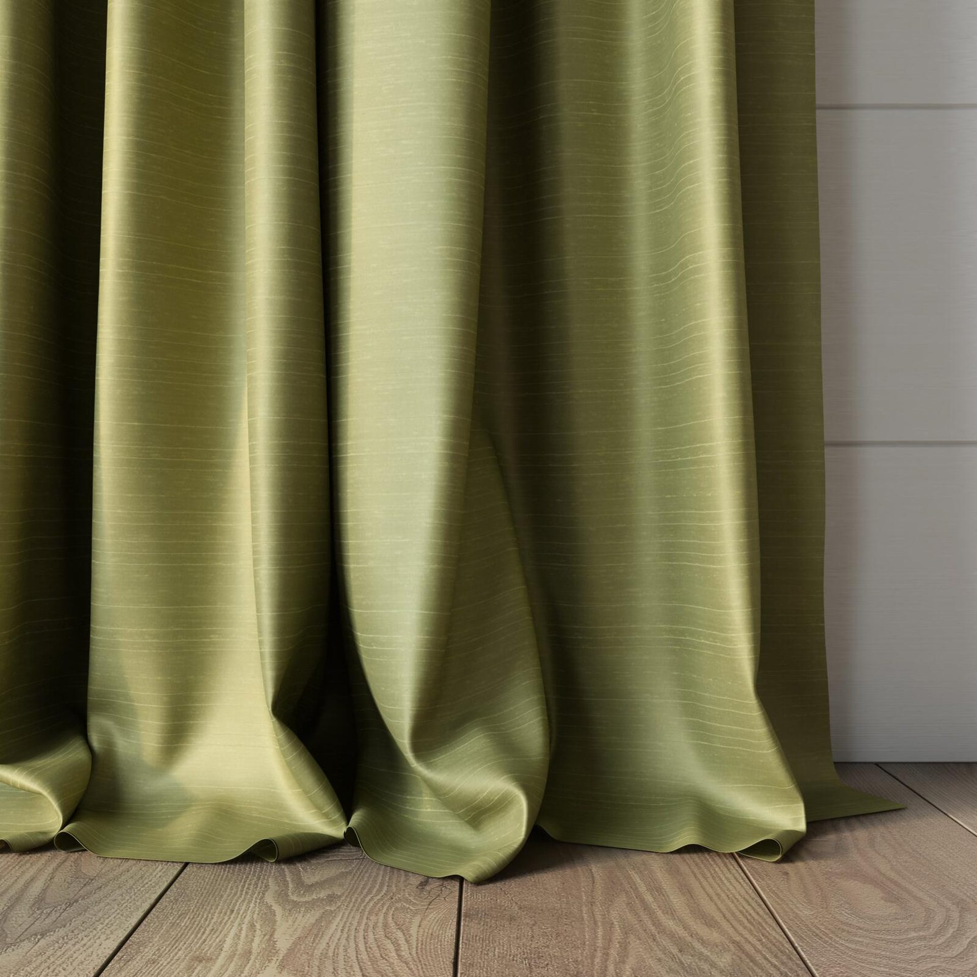 Bottom view of Silky Pistachio, puddled, on curtain rod