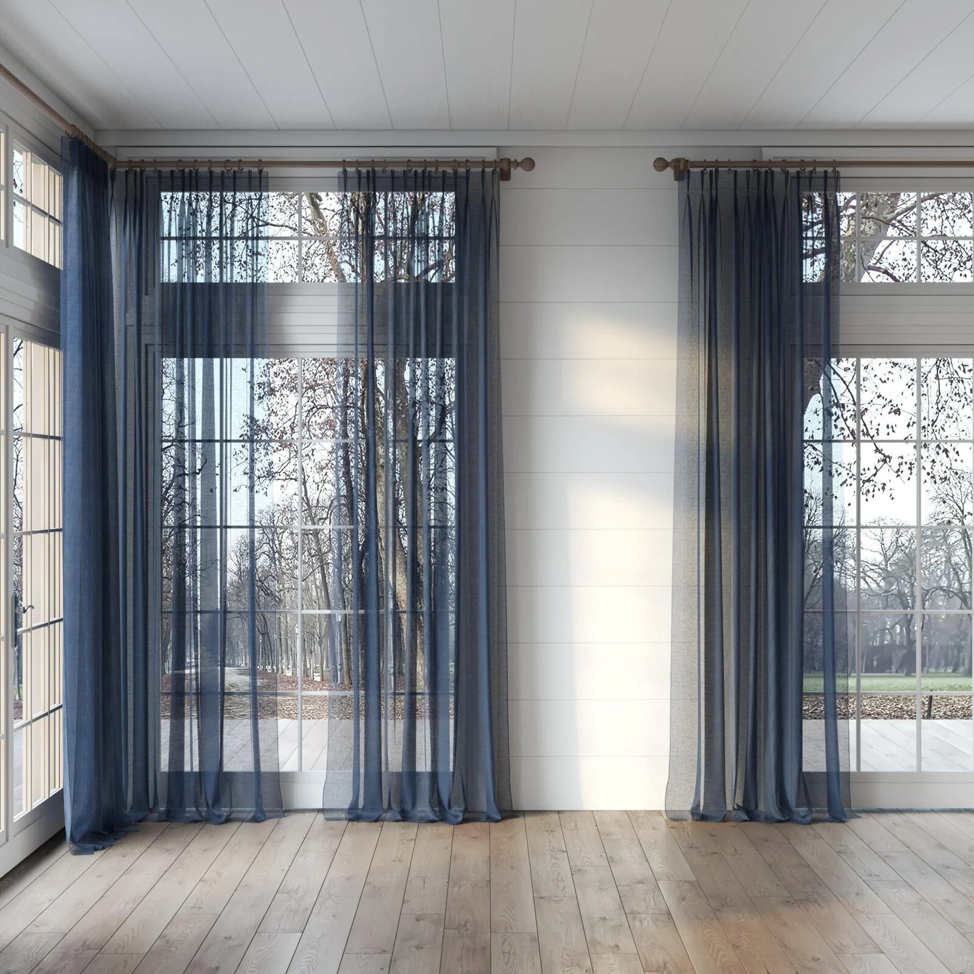 Full view of Graceful Navy, puddled, on curtain rod