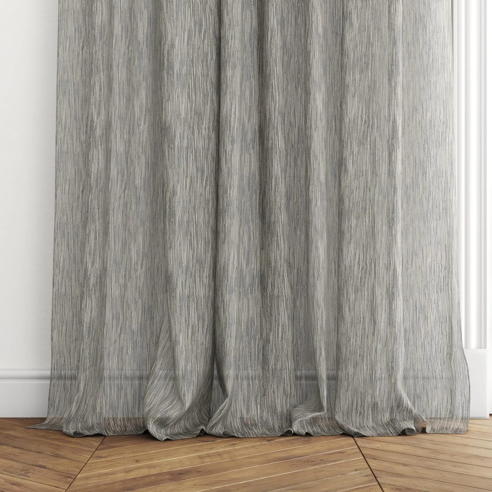 Bottom view of Turbulent Volcanic, puddled with pinch pleat, on curtain rod