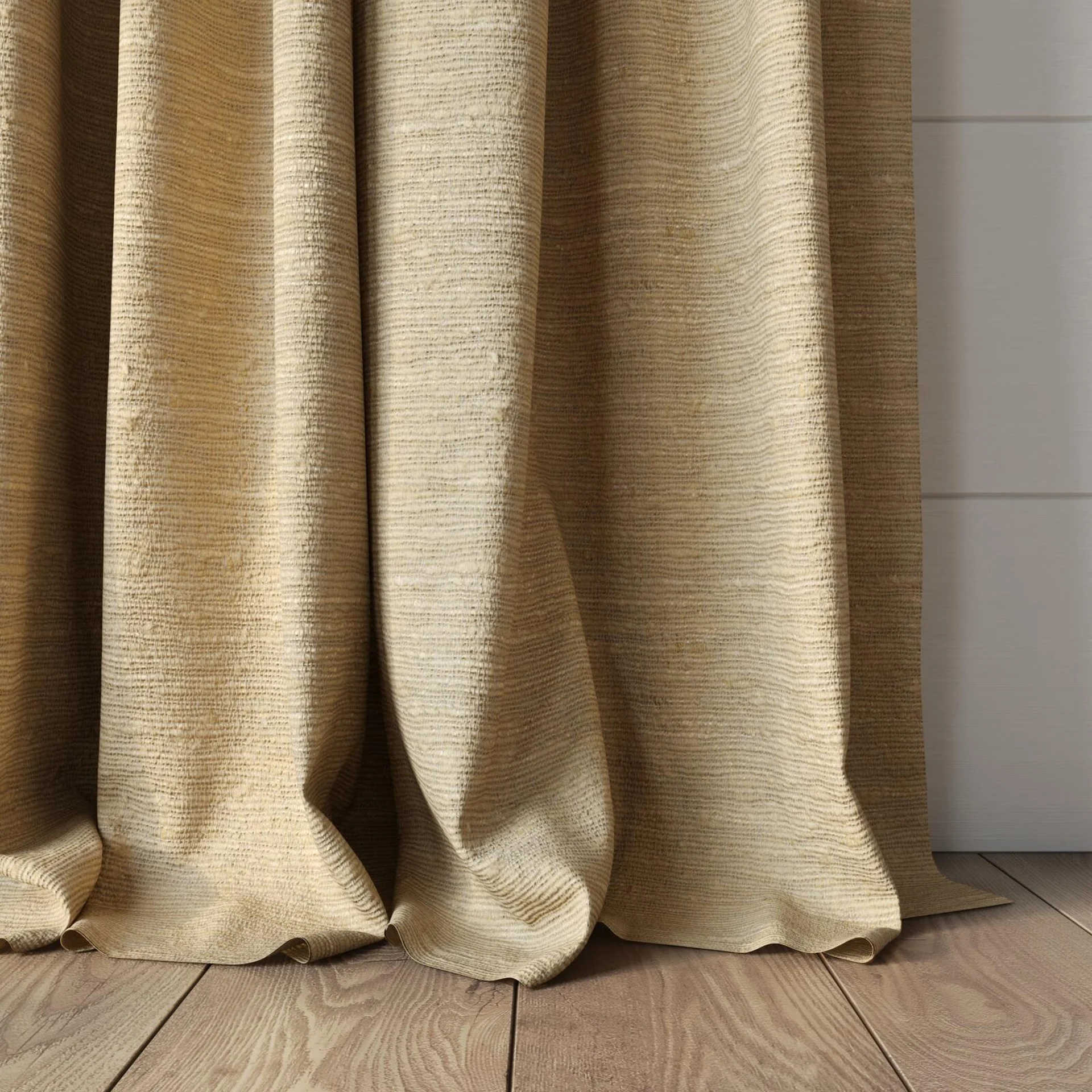 Bottom view of Tennessee Tussah Rose Gold, puddled, on curtain rod