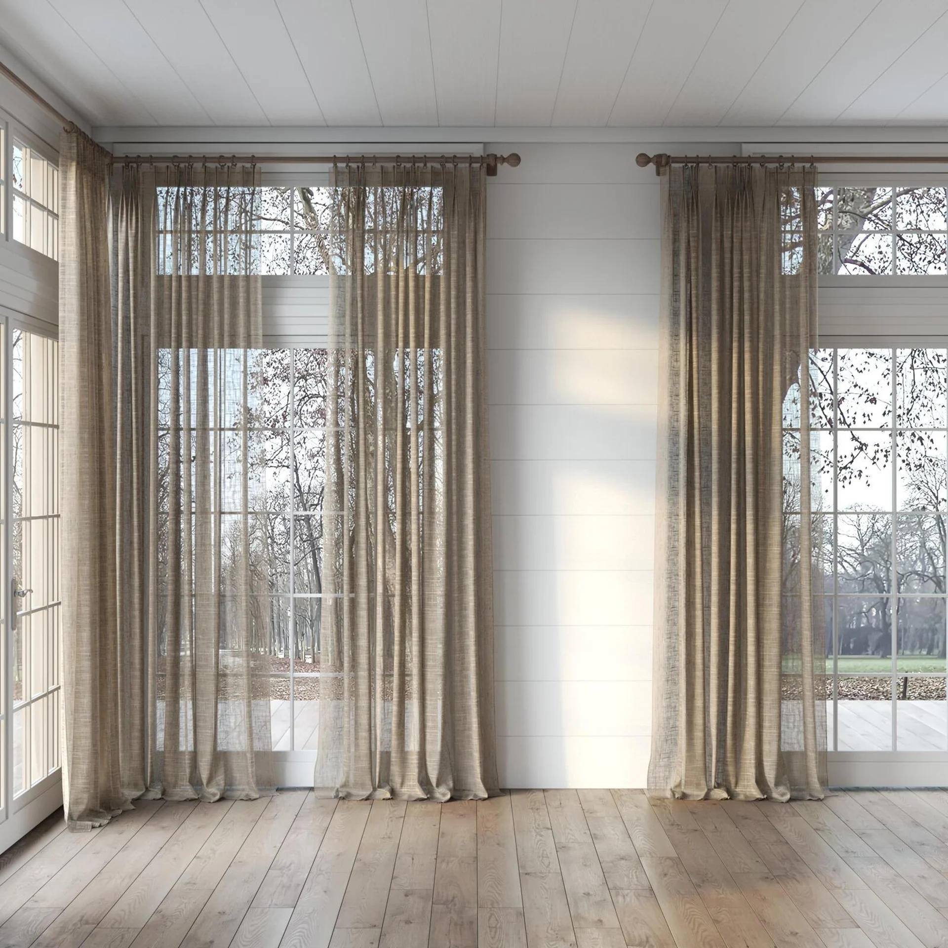 Full view of Zip Wood, puddled, on curtain rod