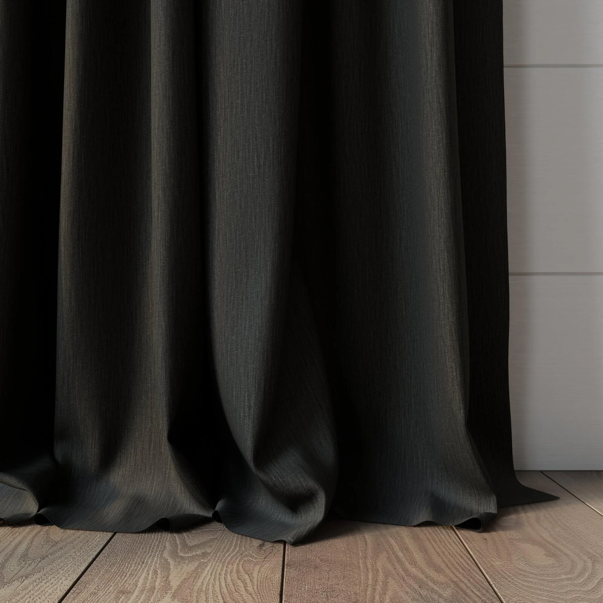 Bottom view of Tuxedo Charcoal, puddled, on curtain rod