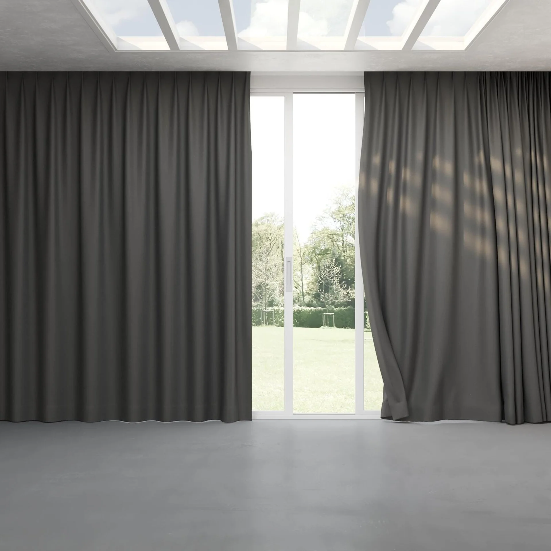 Full view of Duede Charcoal, pinch pleat