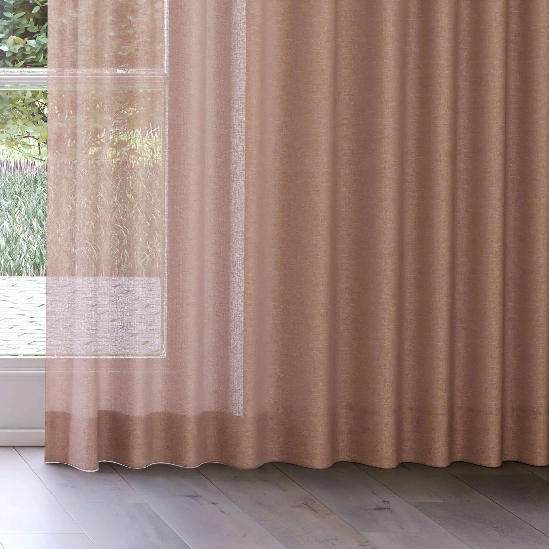 Bottom view of Element Blush, on curtain rail