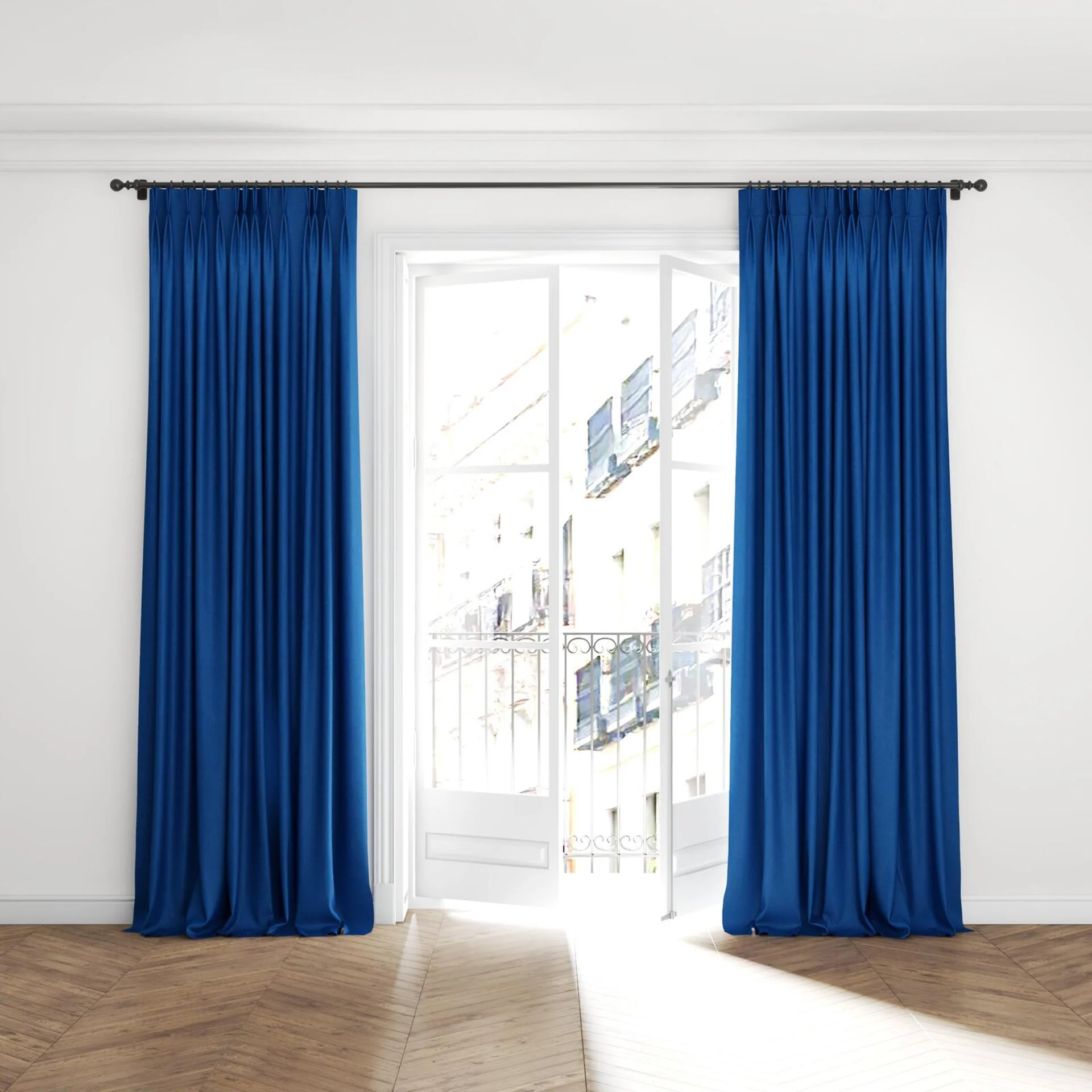 Full view of Perfecto Ocean, puddled with pinch pleat, on curtain rod