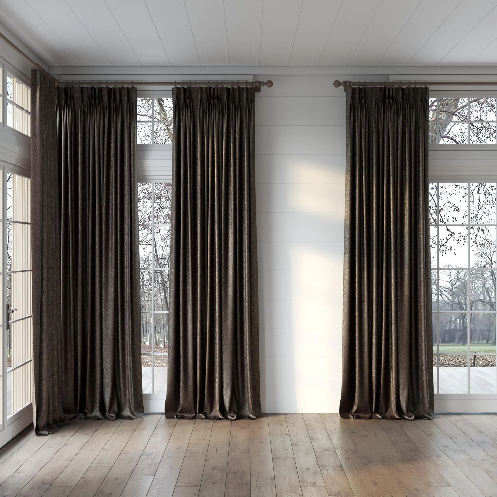 Full view of Opera Fossil, puddled, on curtain rod