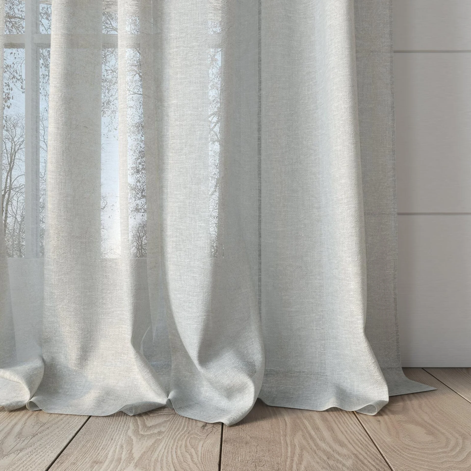 Bottom view of Savona Pure, puddled, on curtain rod