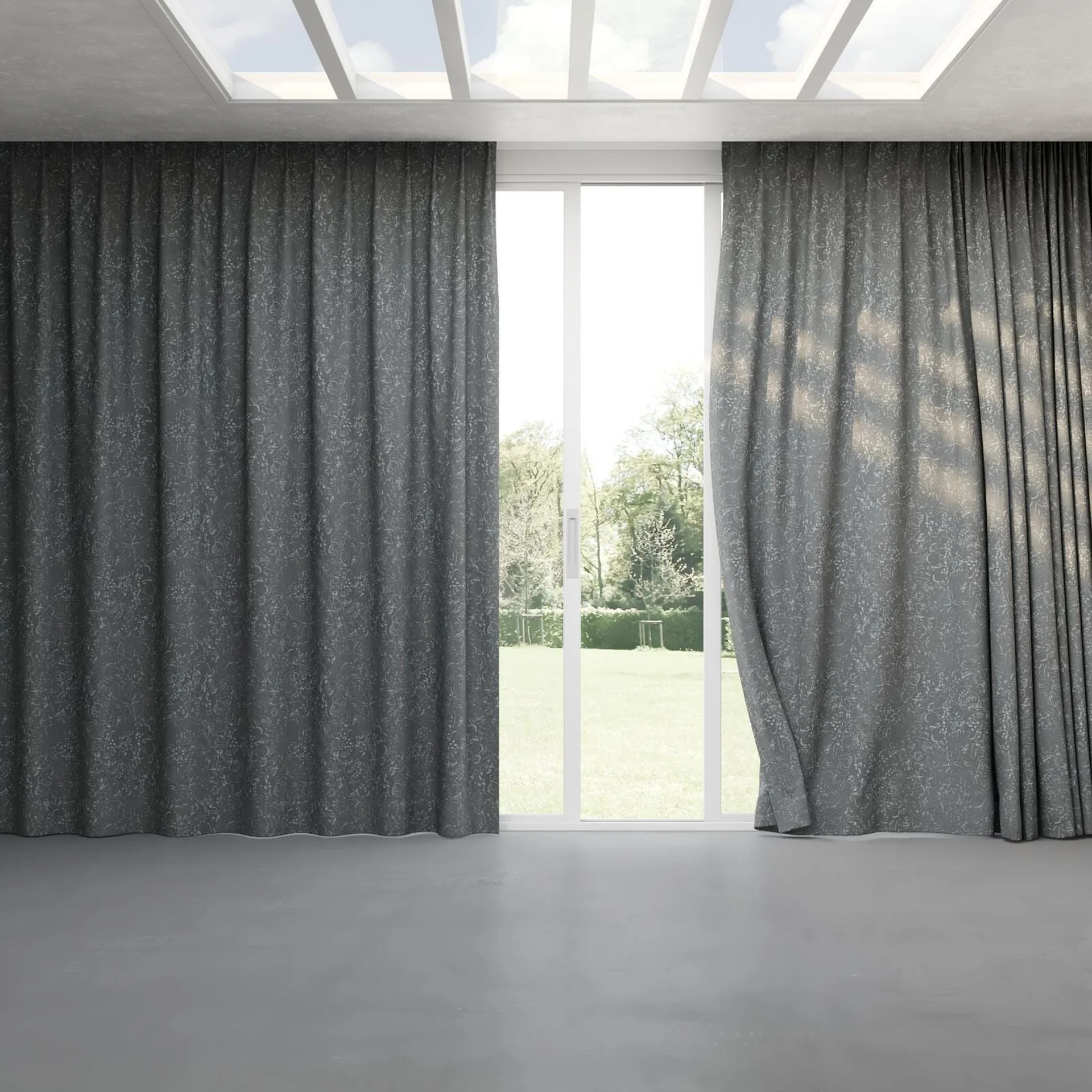 Full view of Azulejo Ash, pinch pleat