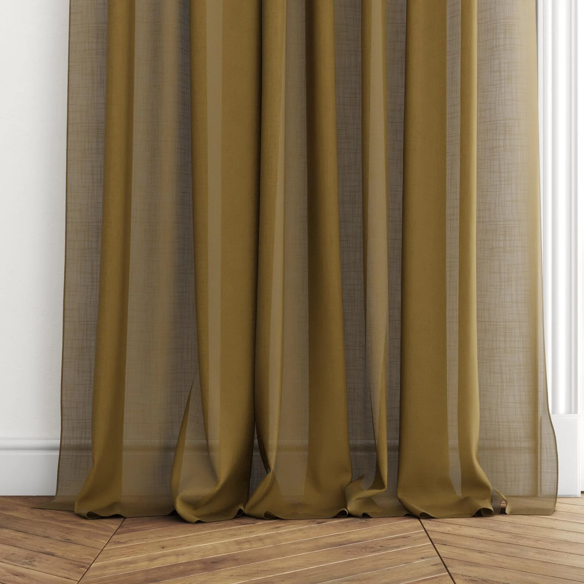 Bottom view of Kumo Recycled Ochre, puddled with pinch pleat, on curtain rod