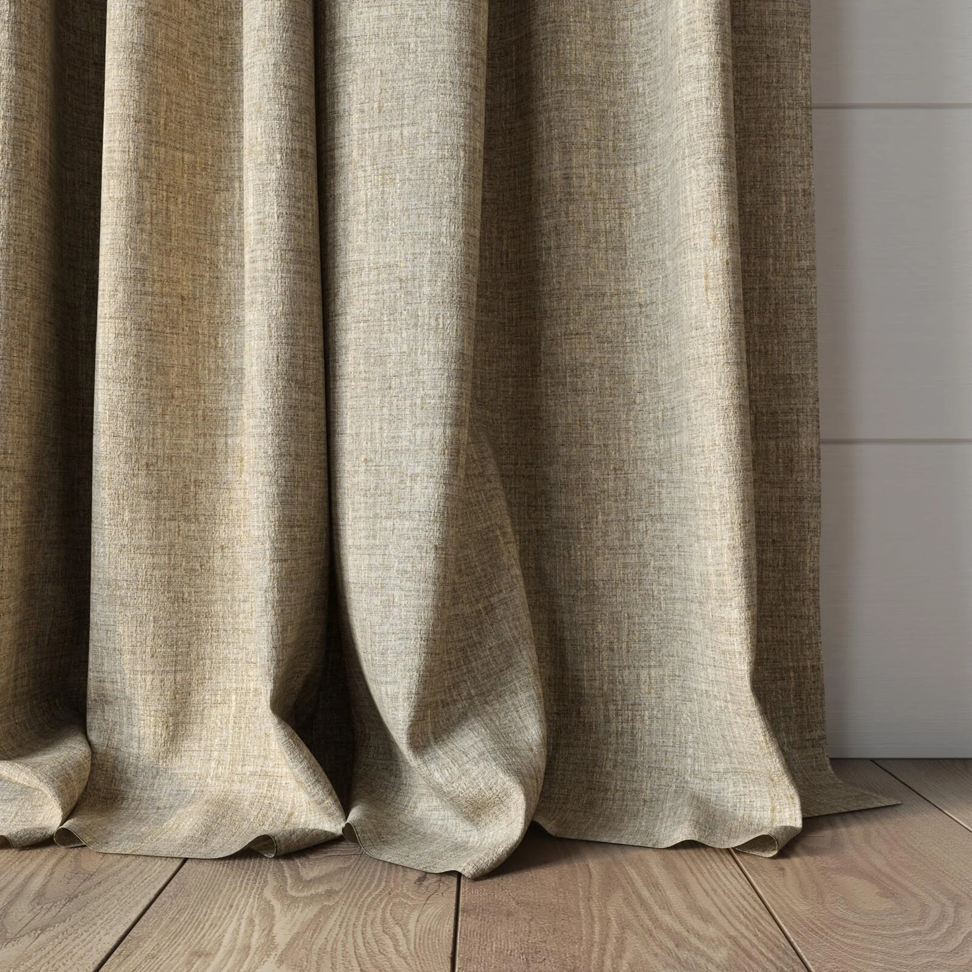 Bottom view of Dryland Raffia, puddled, on curtain rod