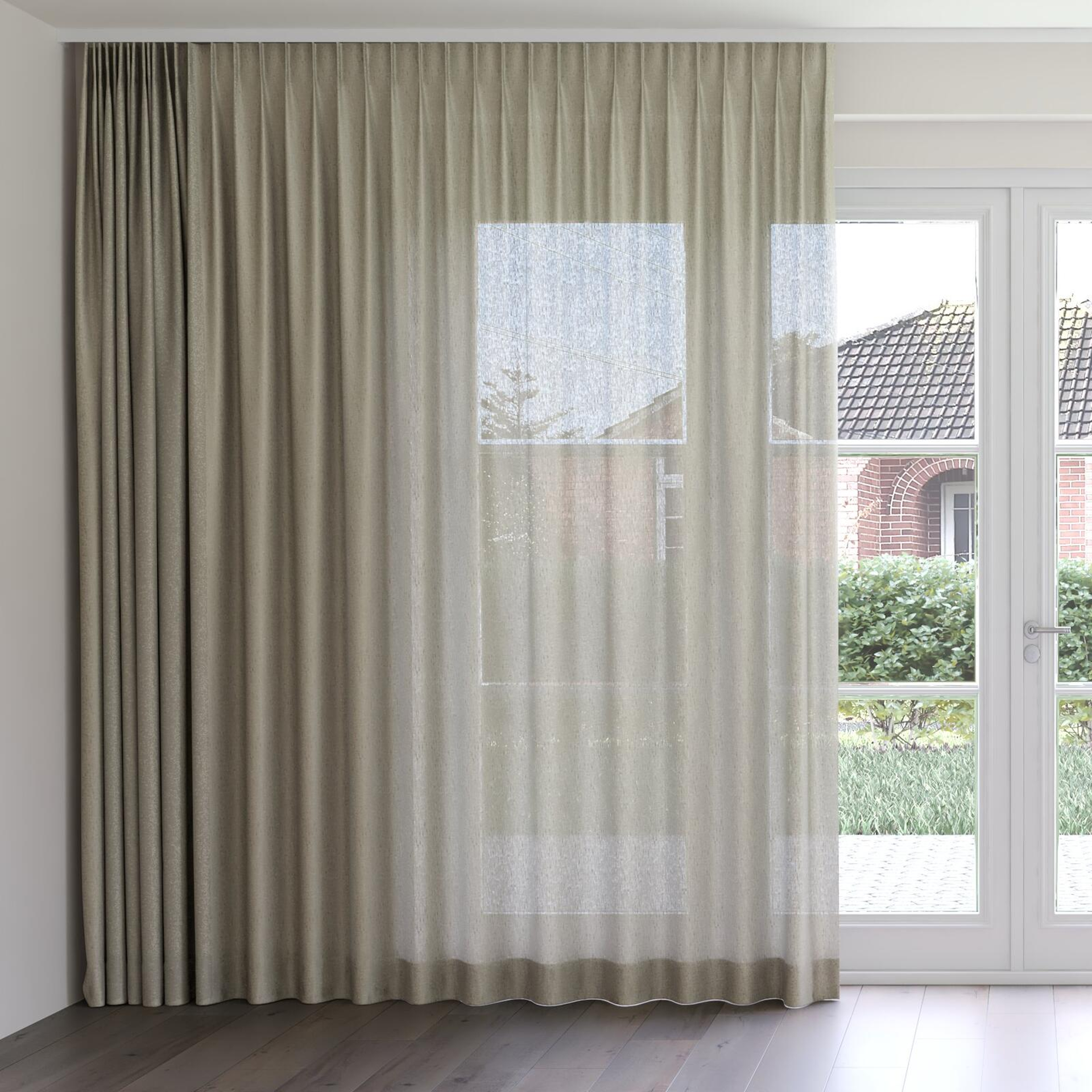 Front view of Gesso Lino Olive, on curtain rail