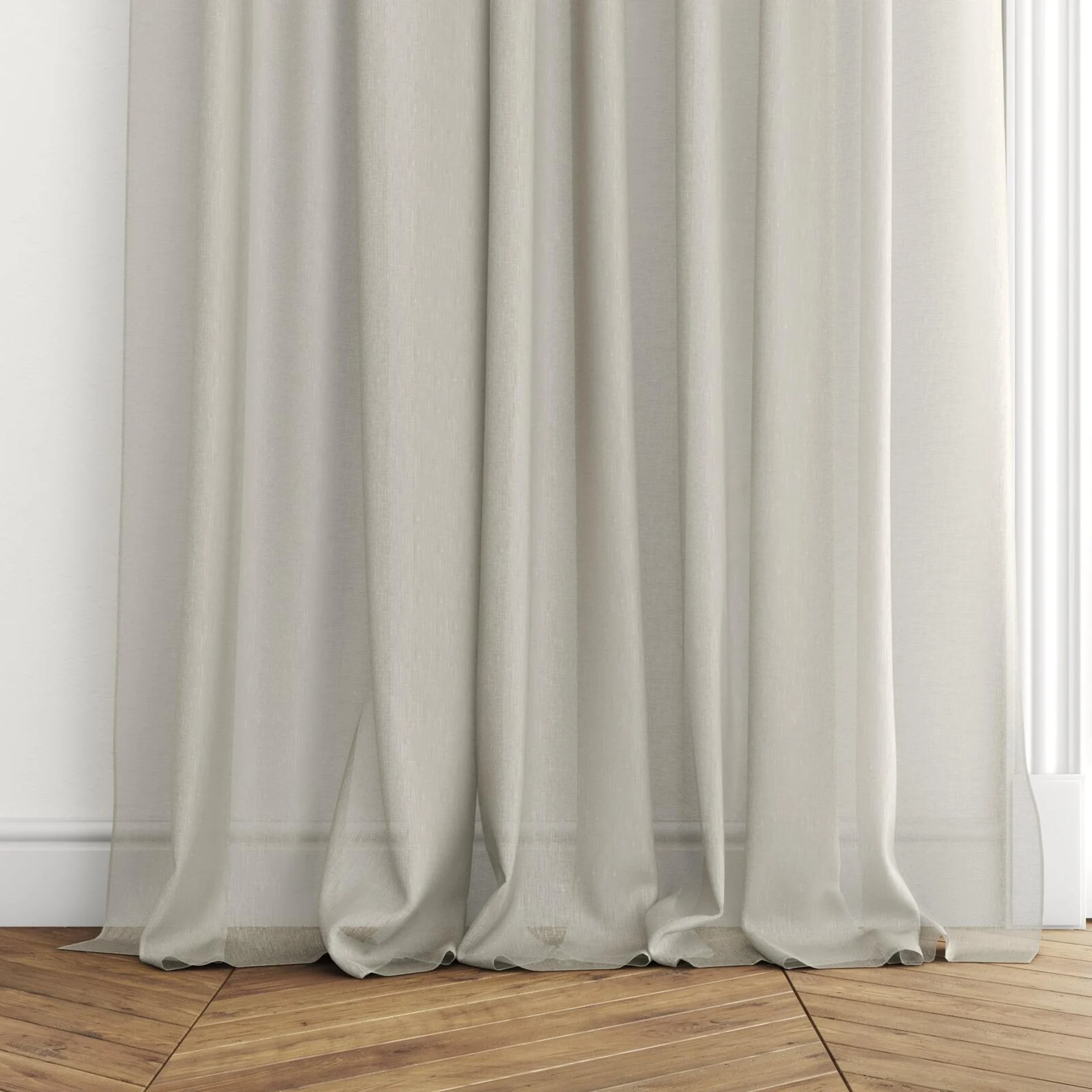 Bottom view of Reverie Celadon, puddled with pinch pleat, on curtain rod