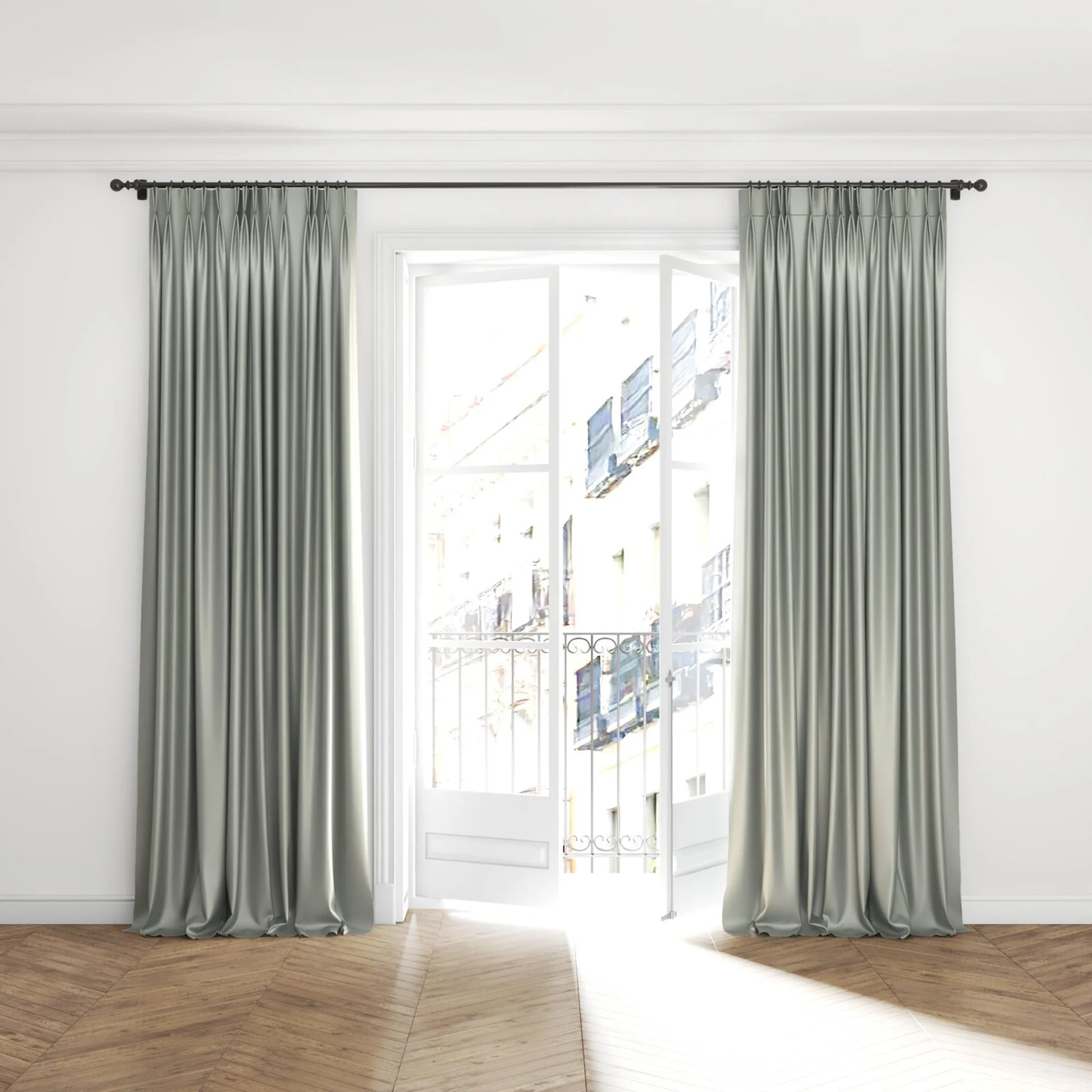 Full view of Sleek Frost, puddled with pinch pleat, on curtain rod