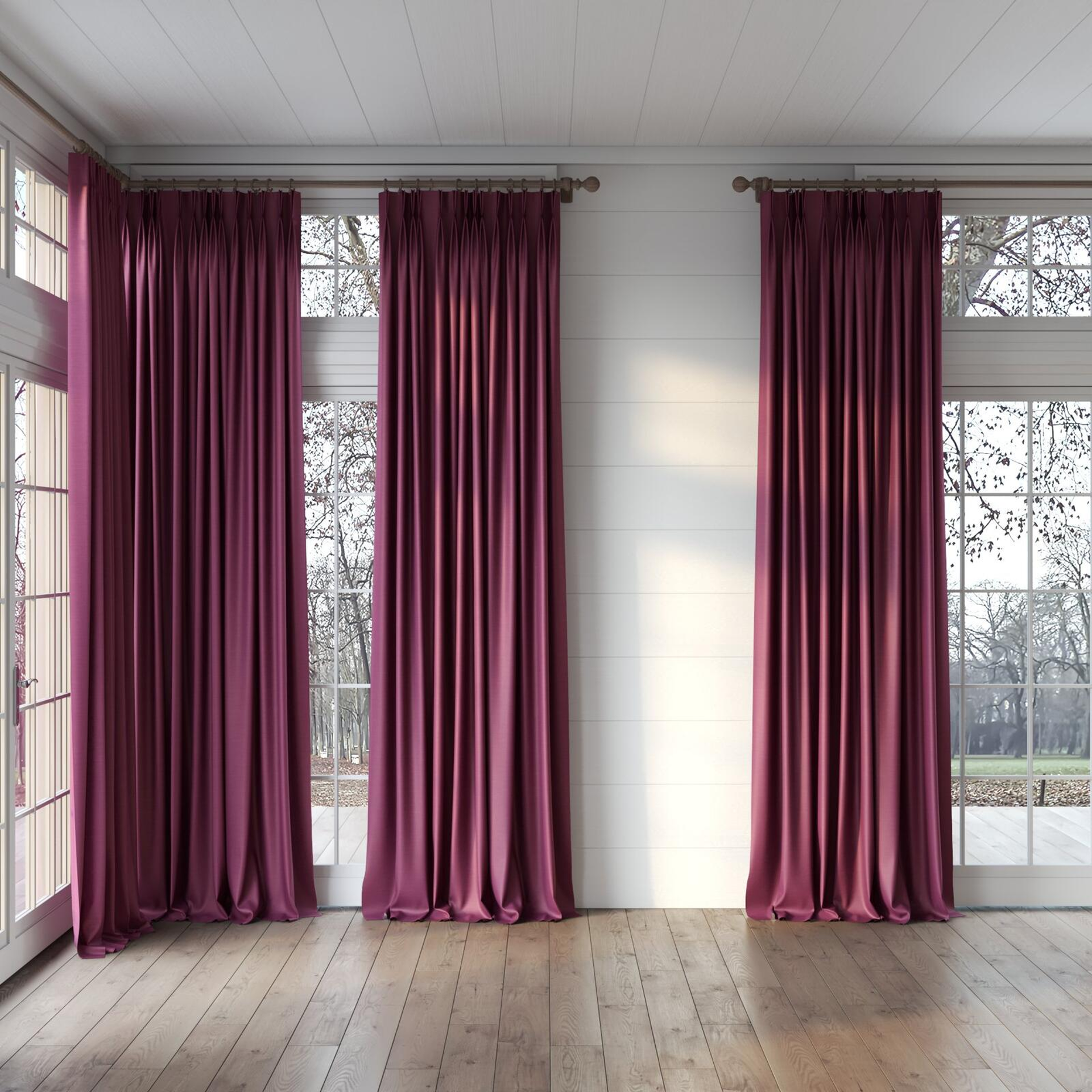 Full view of Silky Plum, puddled, on curtain rod