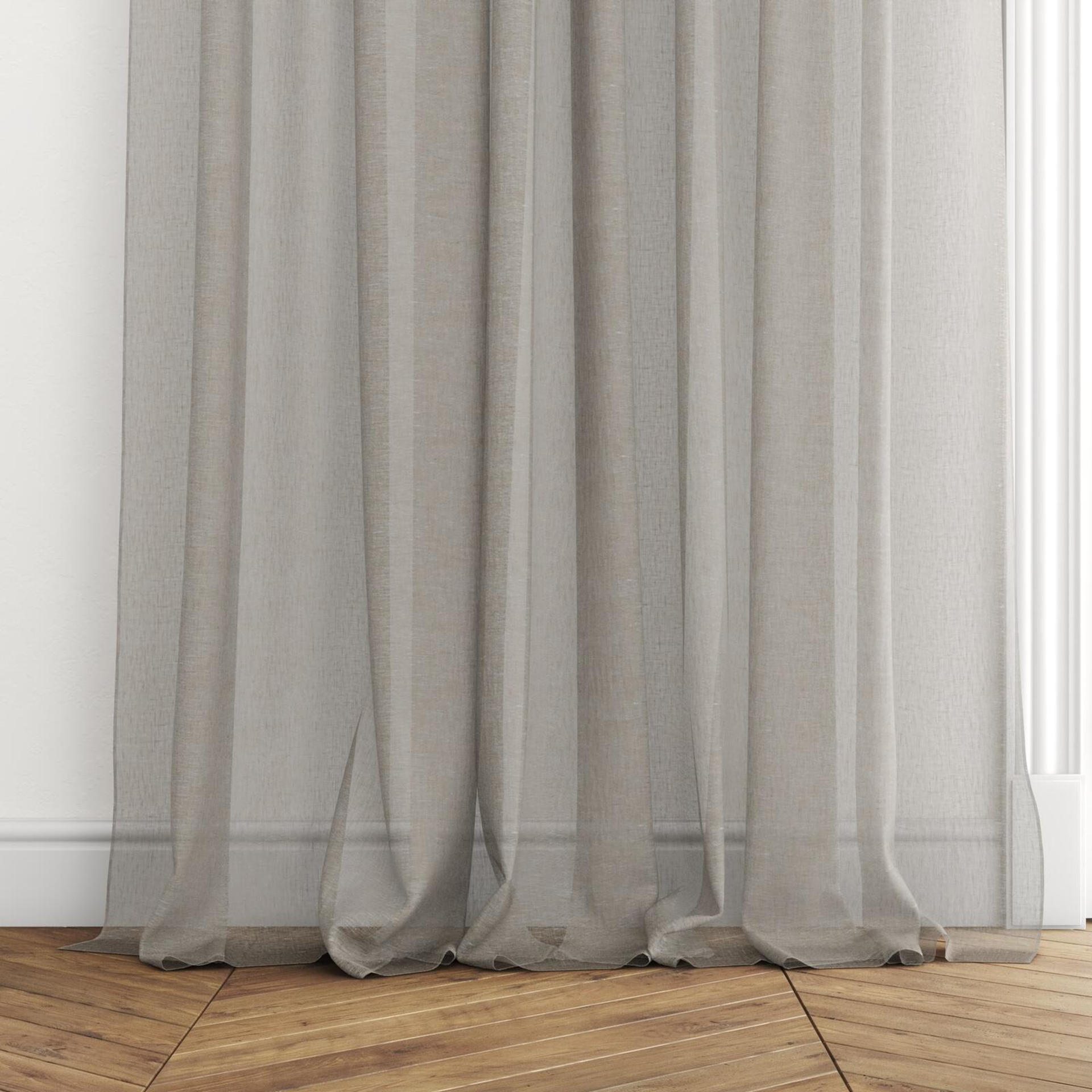 Bottom view of Pure Linen Falcon, puddled with pinch pleat, on curtain rod