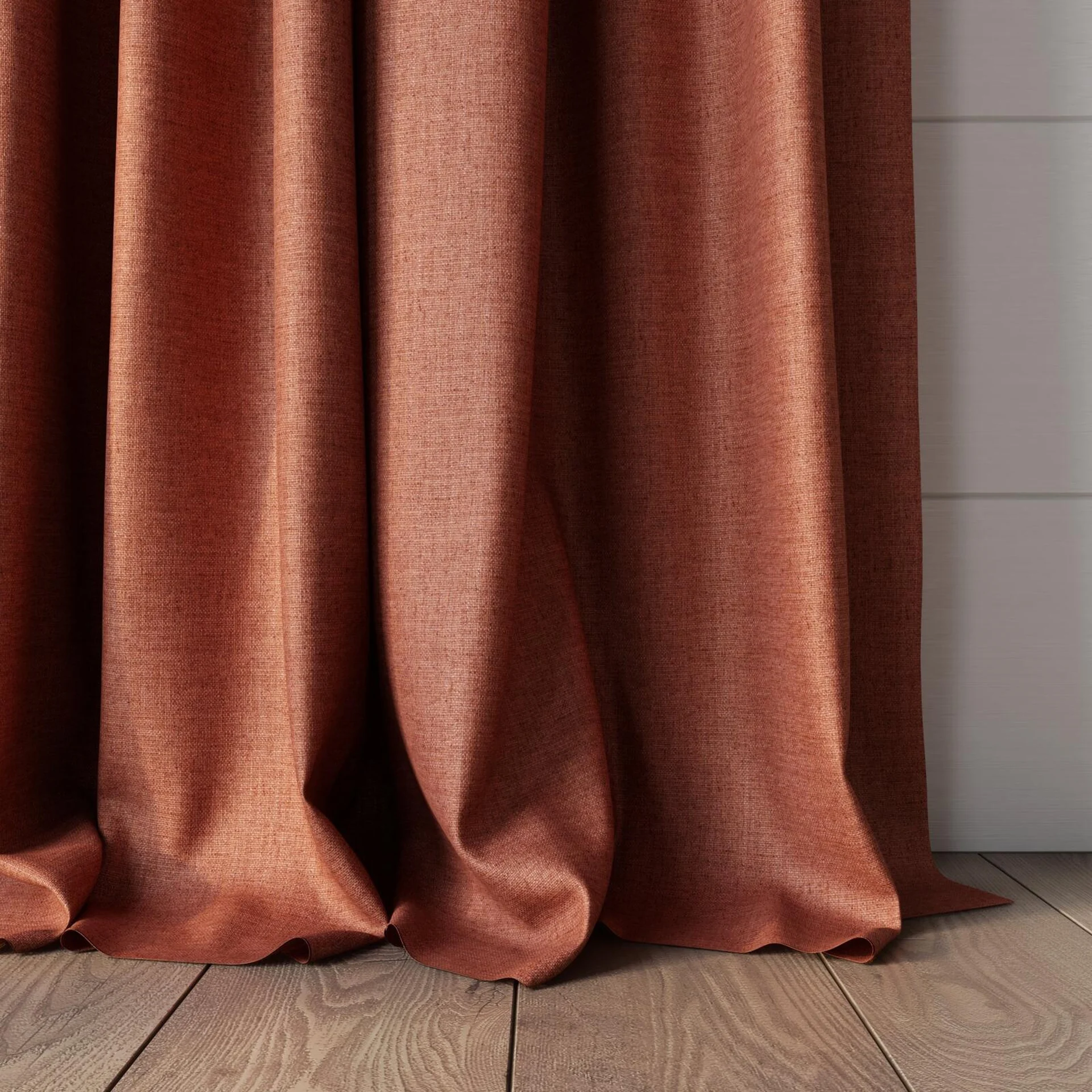 Bottom view of Frisco Spice, puddled, on curtain rod