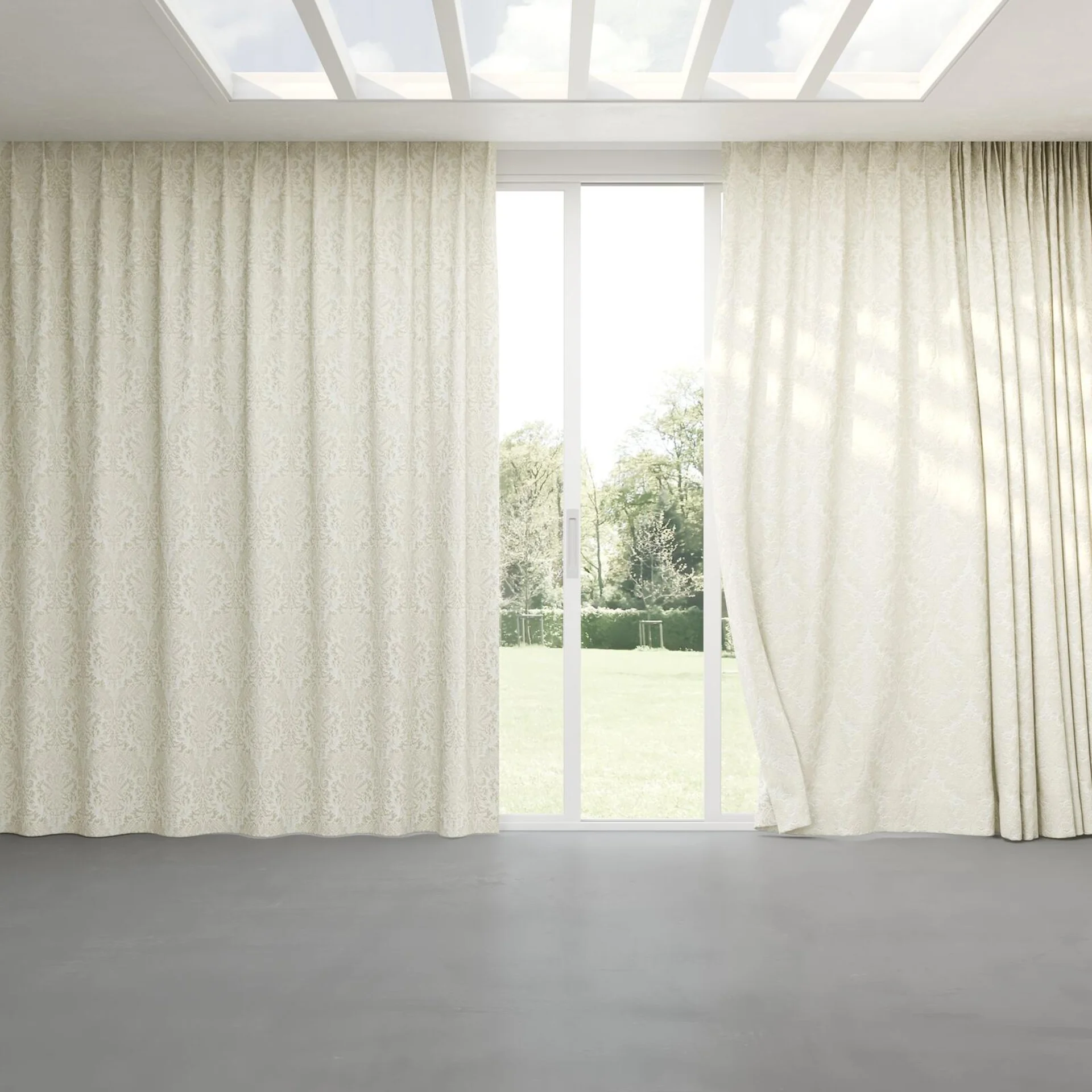 Full view of Gosh Champagne, pinch pleat