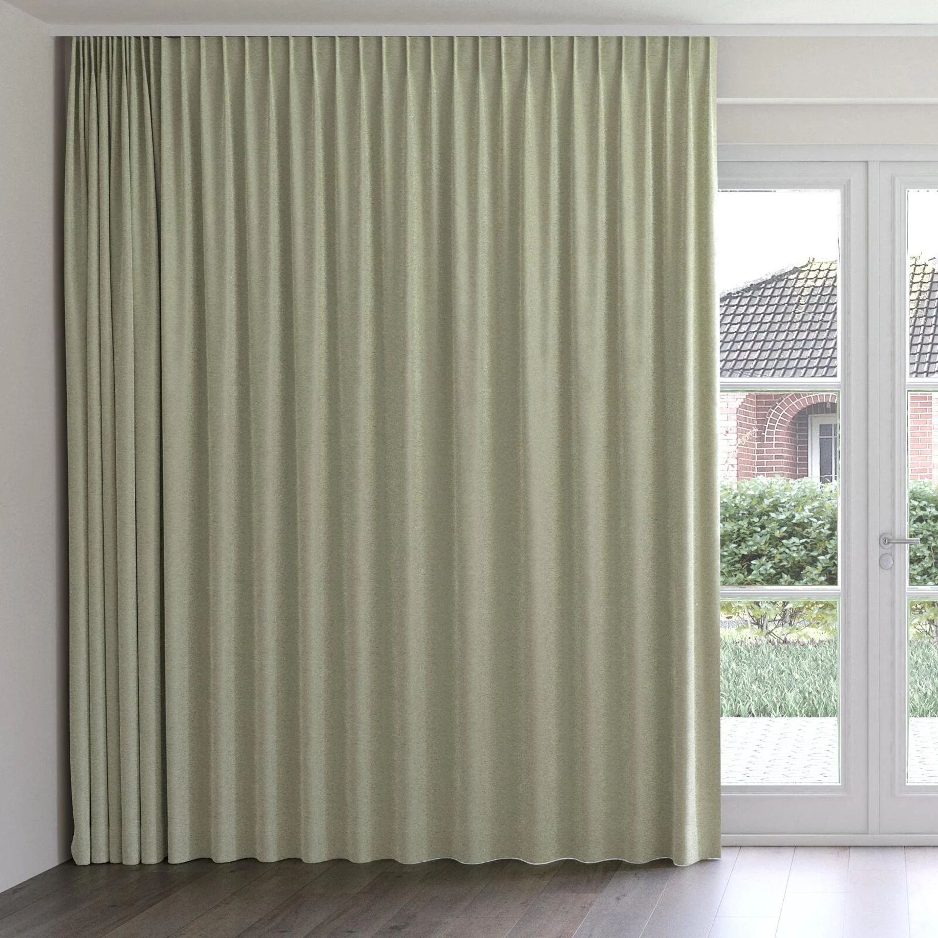 Front view of Brigadier Moss, on curtain rail