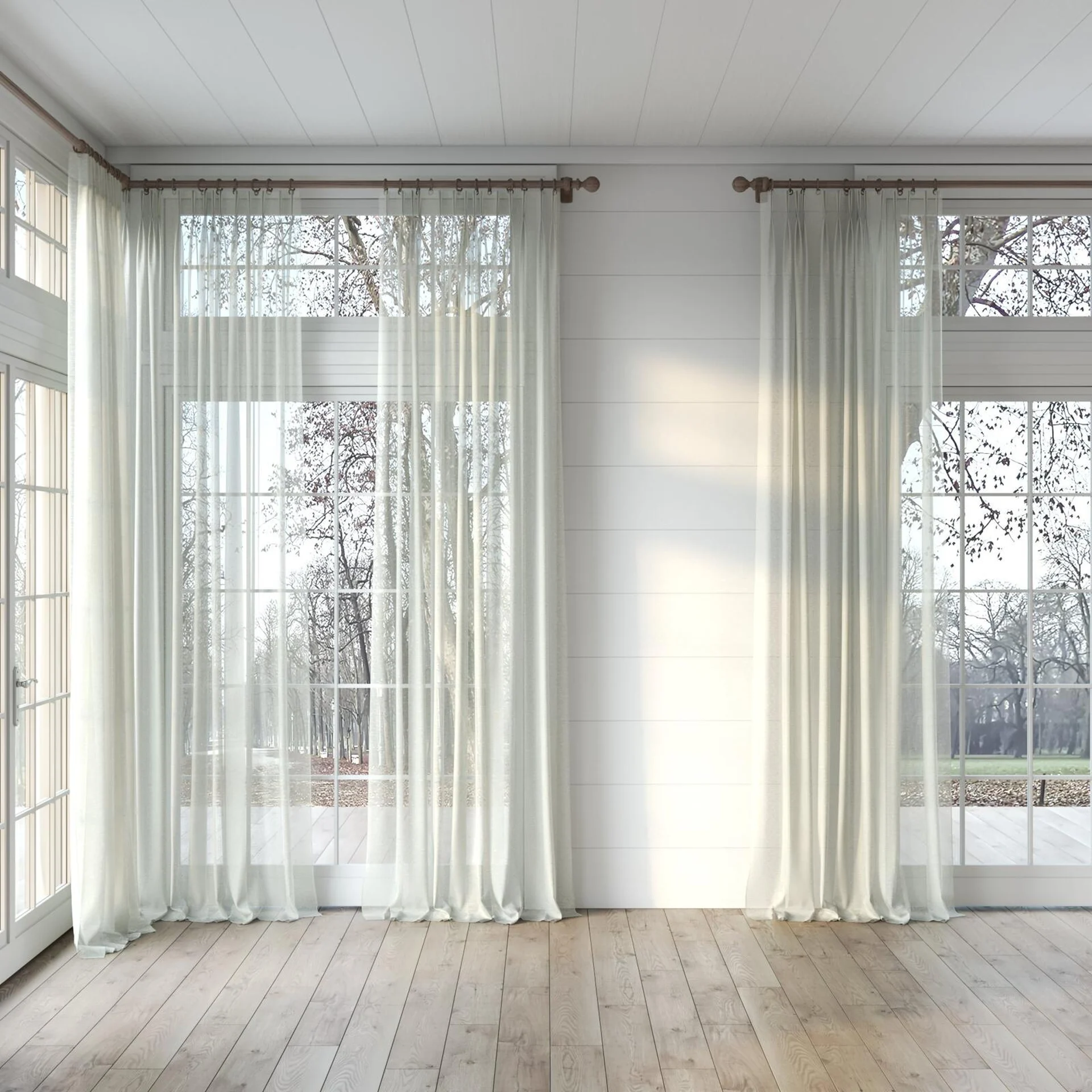 Full view of Locomotion Linden, puddled, on curtain rod