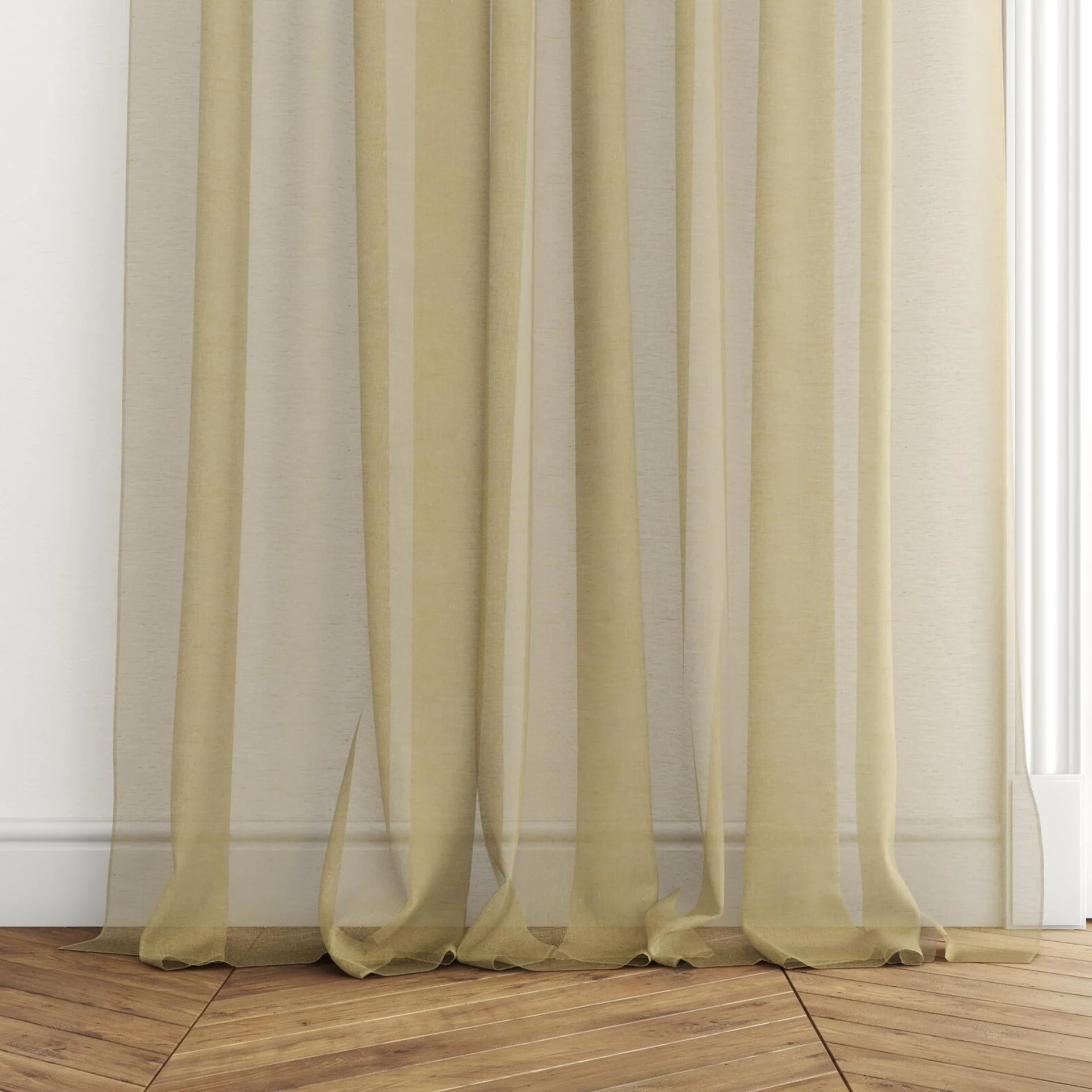 Bottom view of Pure Linen Willow, puddled with pinch pleat, on curtain rod