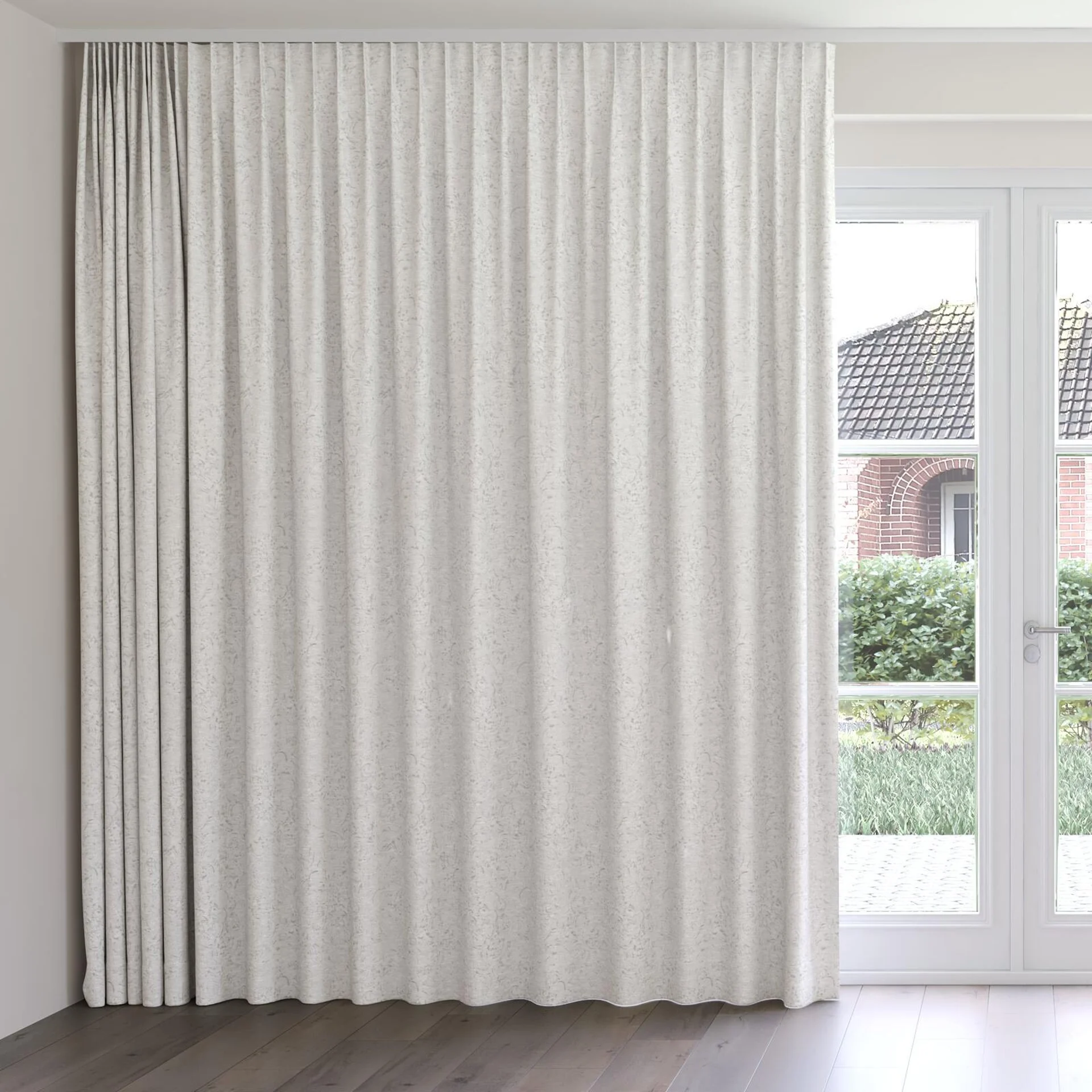 Front view of Azulejo Driftwood, on curtain rail