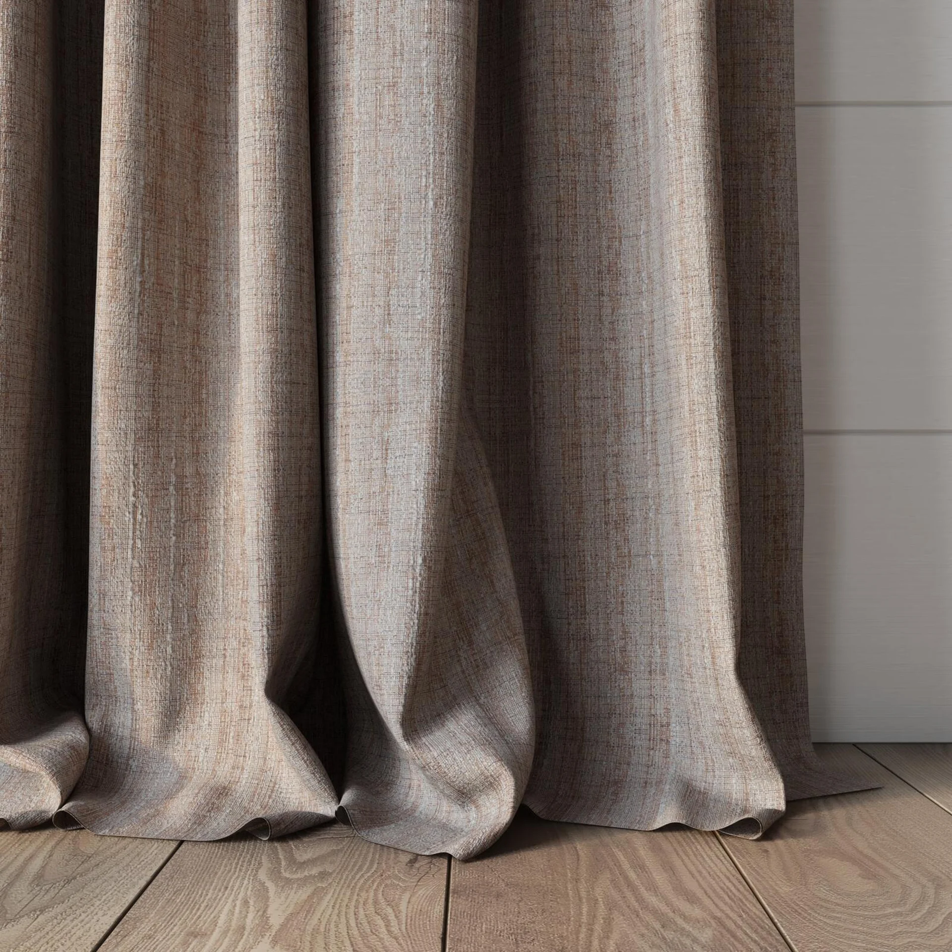 Bottom view of Iconic Dune, puddled, on curtain rod
