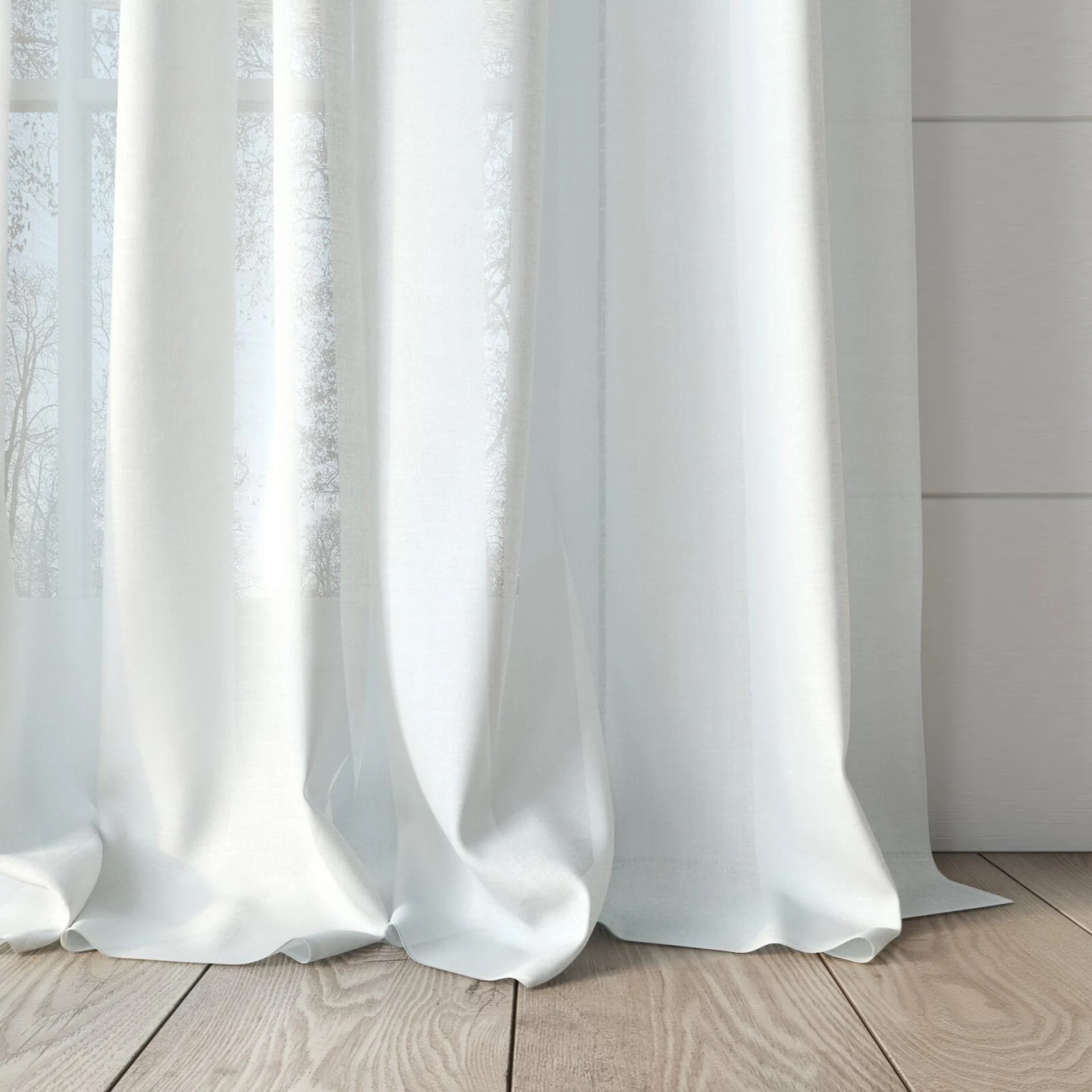Bottom view of Gossy Ivory, puddled, on curtain rod