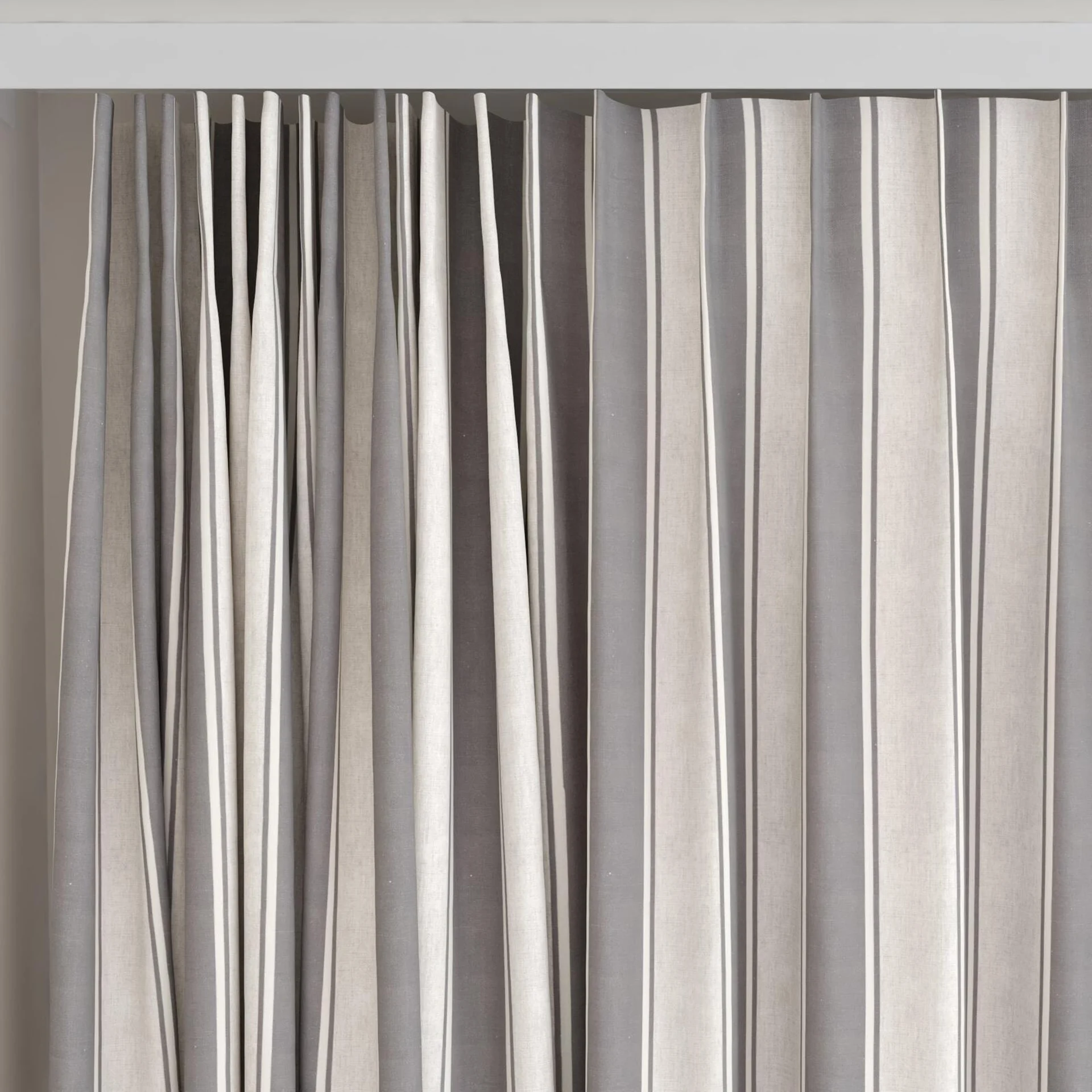 Top view of Broad Stripe Charcoal, on curtain rail
