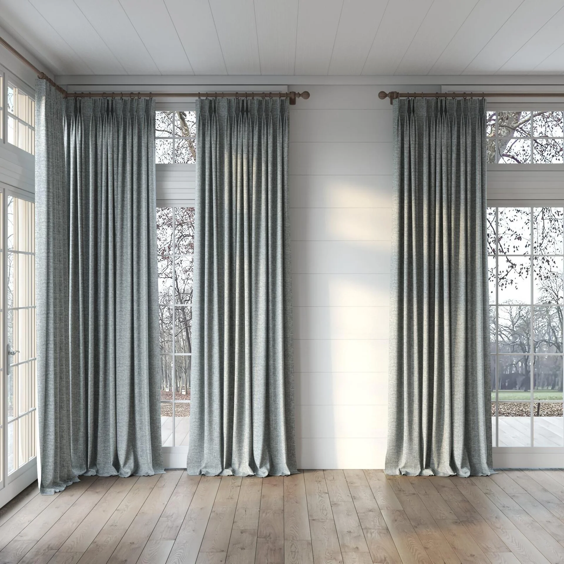 Full view of Earthwild Pewter, puddled, on curtain rod