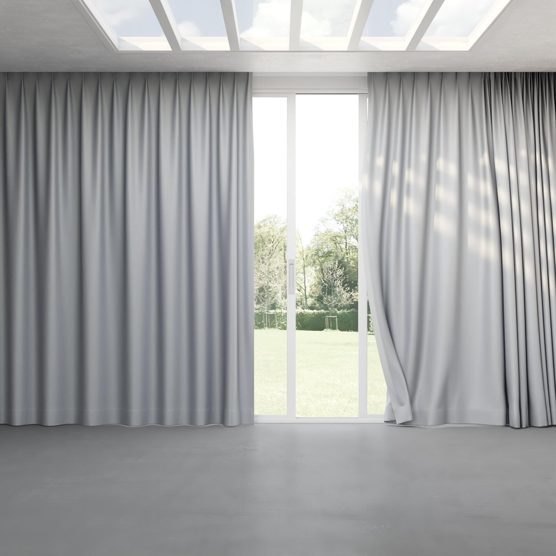 Full view of Stellar Blackout Steel, pinch pleat