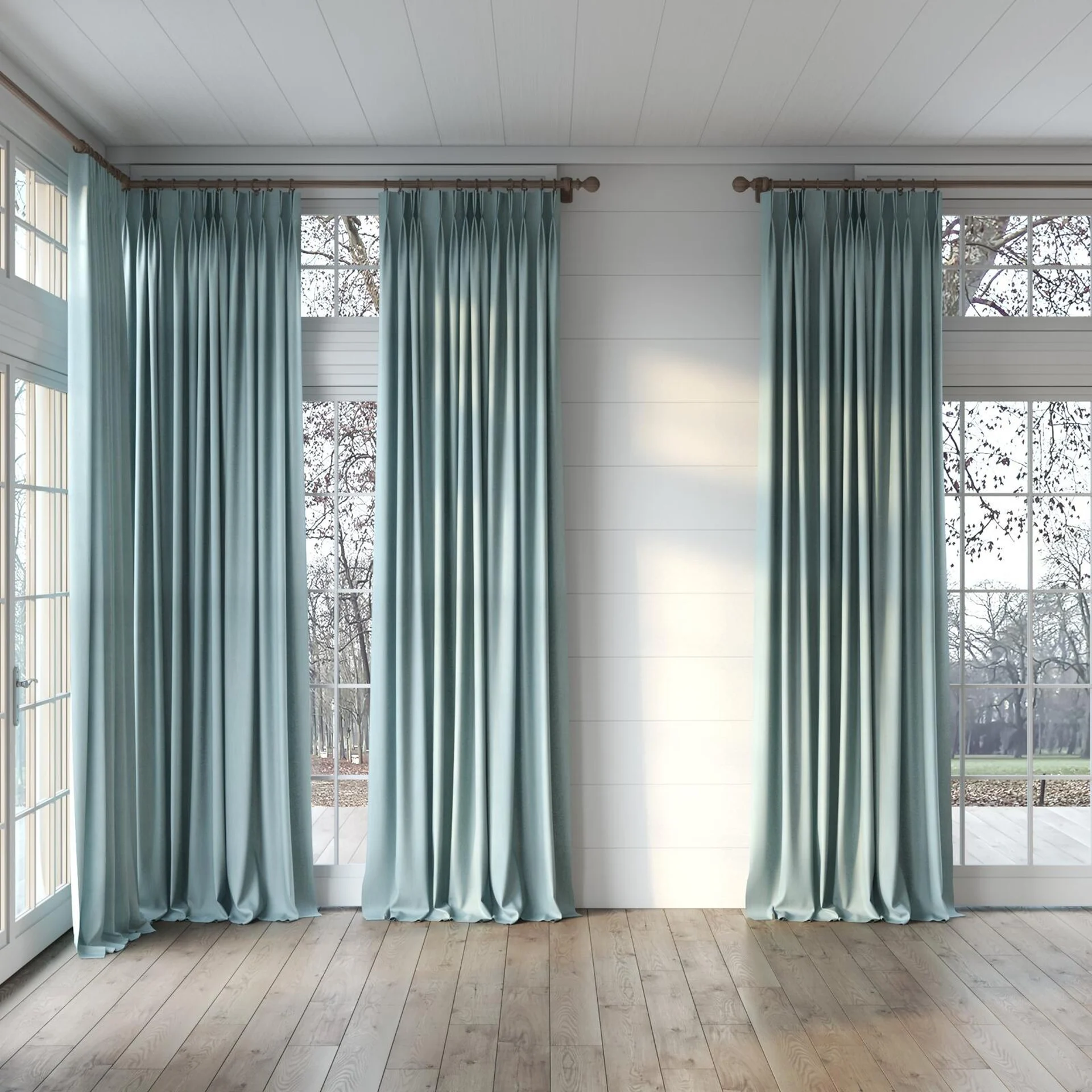 Full view of Lexicon Seafoam, puddled, on curtain rod