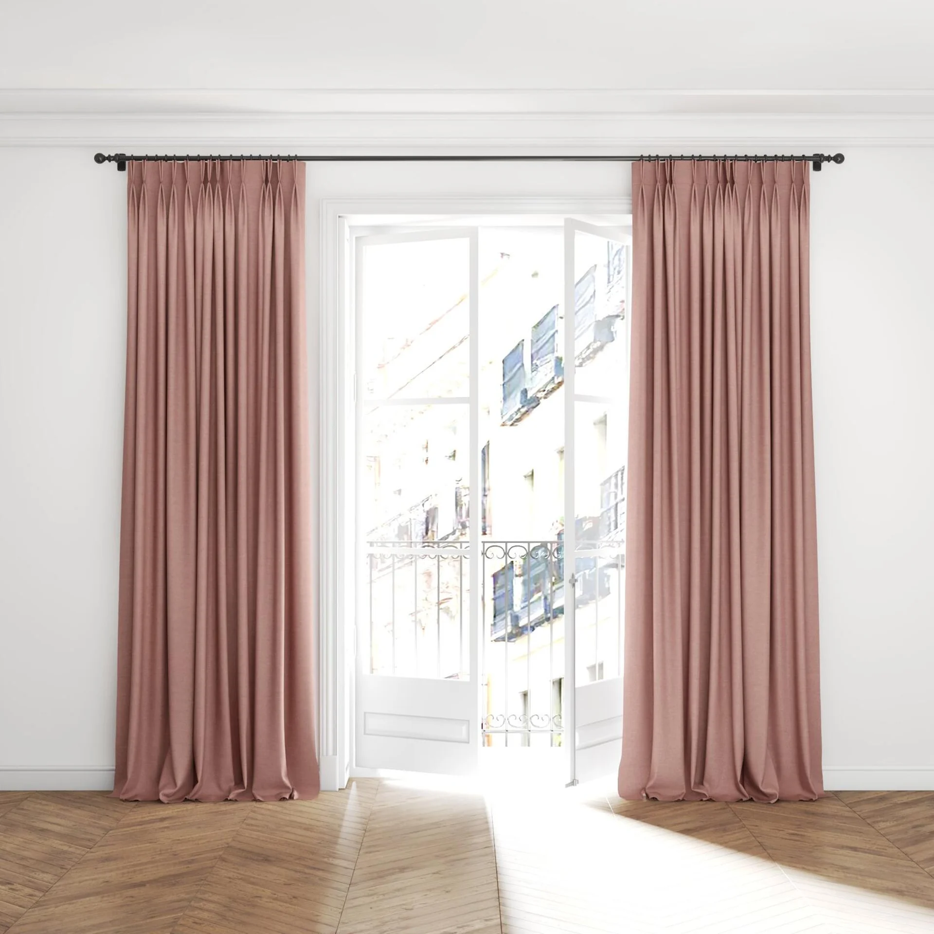 Full view of Drama Boudoir, puddled with pinch pleat, on curtain rod