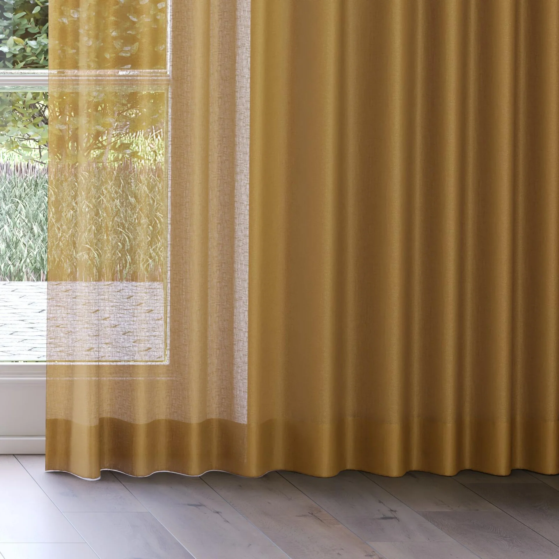 Bottom view of Laconia Air Ochre, on curtain rail