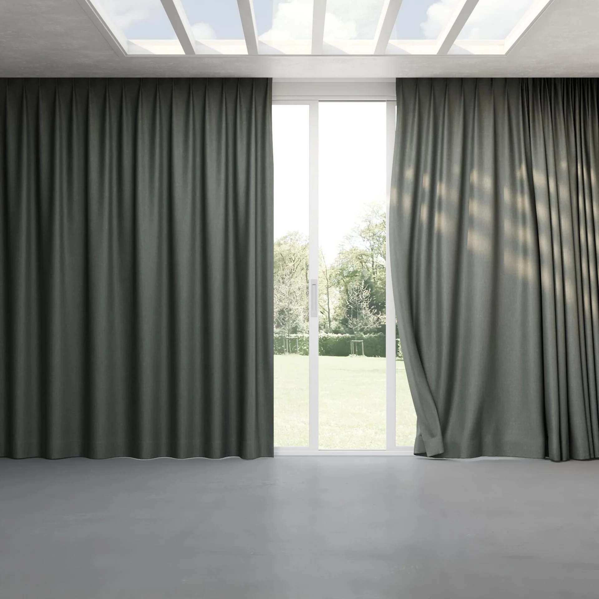Full view of Perfecto Steel, pinch pleat