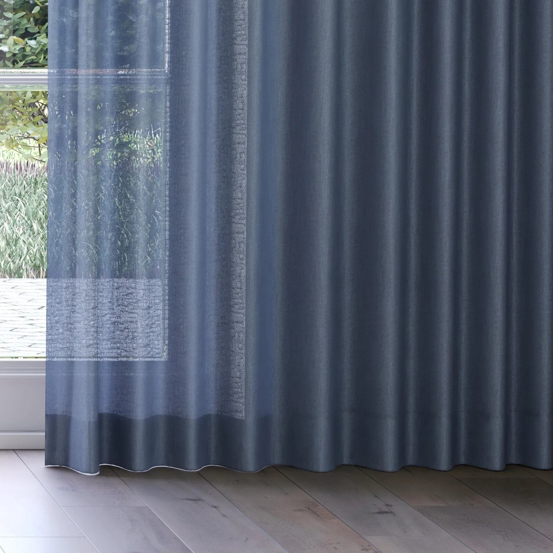 Bottom view of Lucidity Indigo, on curtain rail