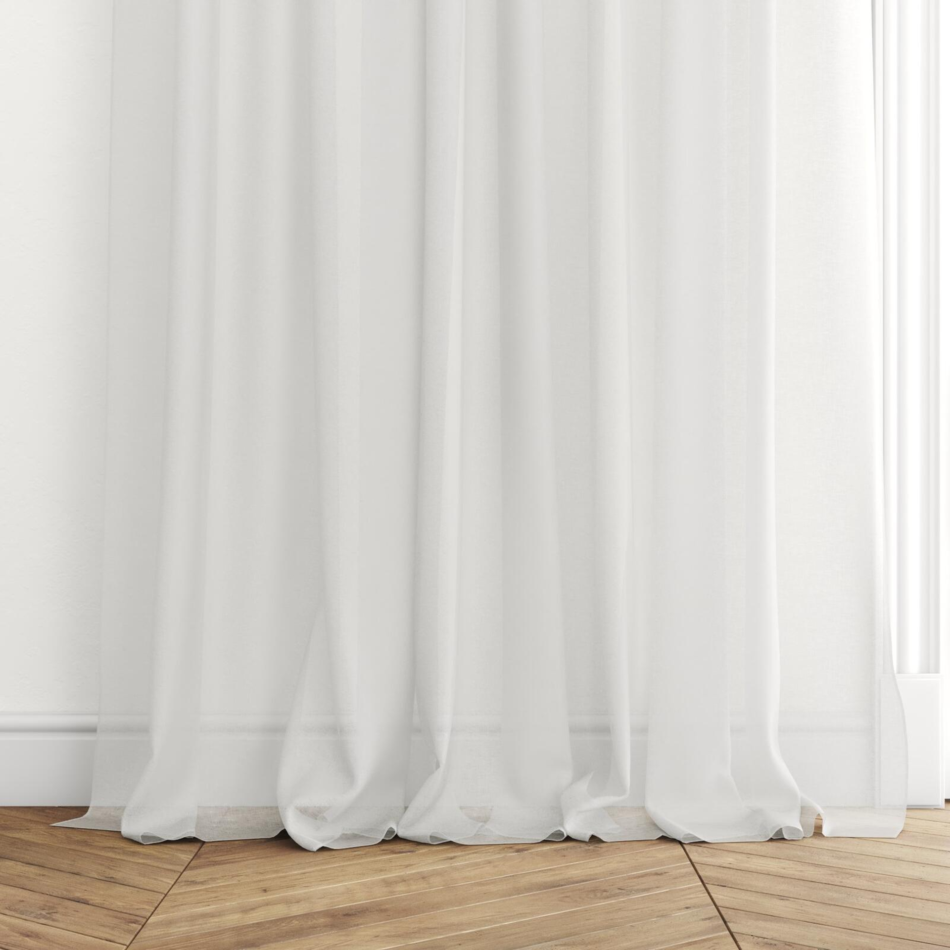 Bottom view of Wategos Snow, puddled with pinch pleat, on curtain rod