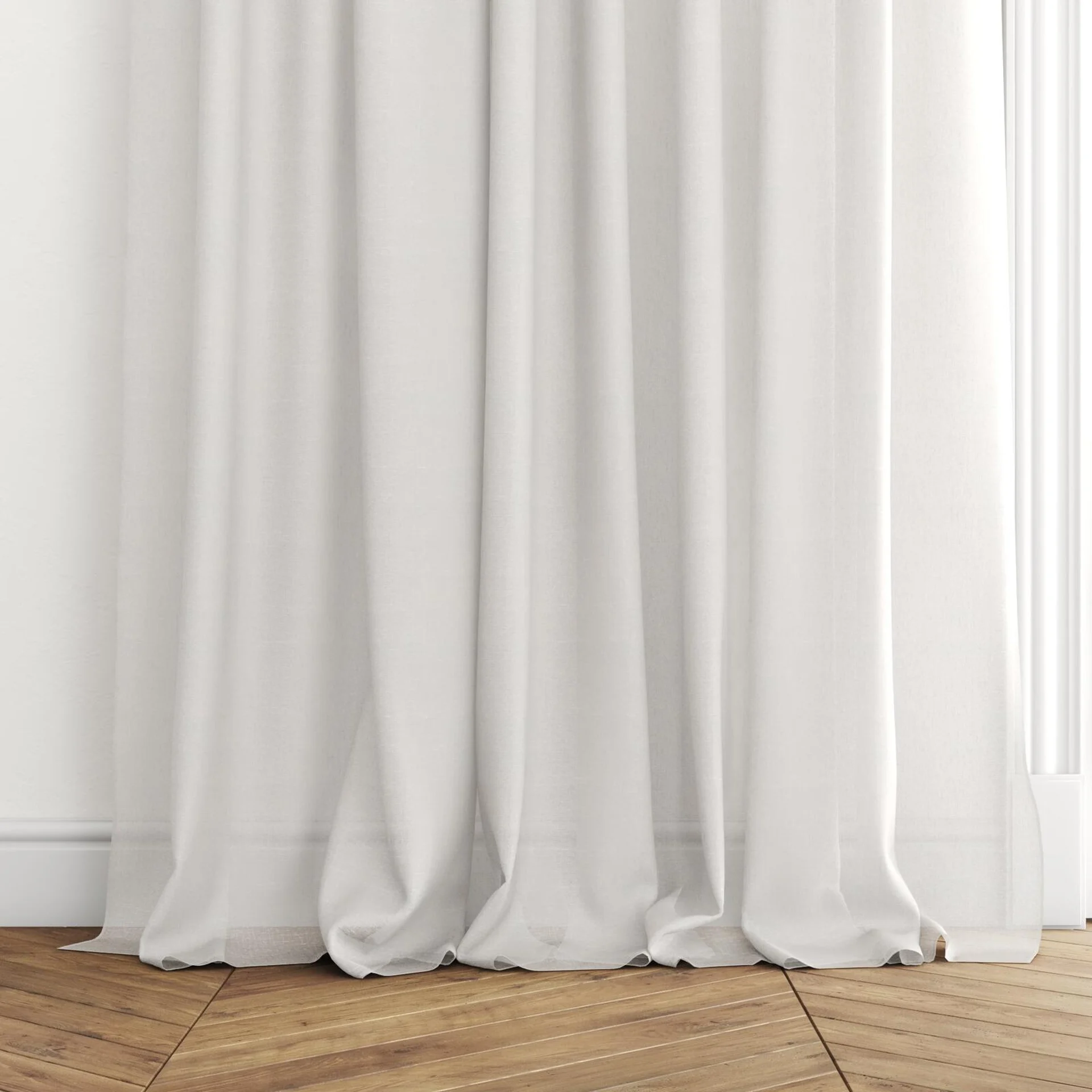 Bottom view of Sencha Linen, puddled with pinch pleat, on curtain rod