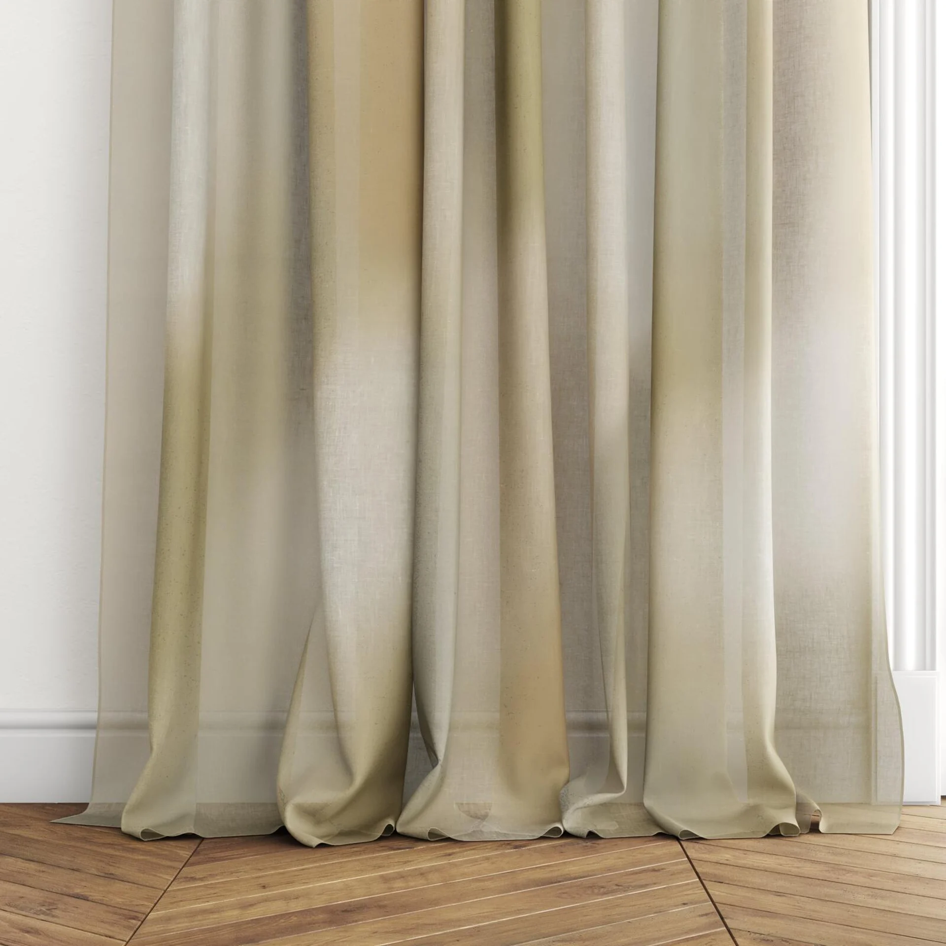 Bottom view of Ronde Mist, puddled with pinch pleat, on curtain rod