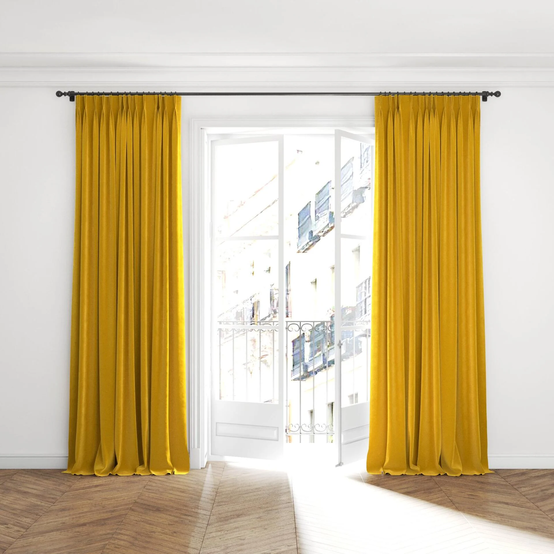 Full view of Verbier Amber, puddled with pinch pleat, on curtain rod