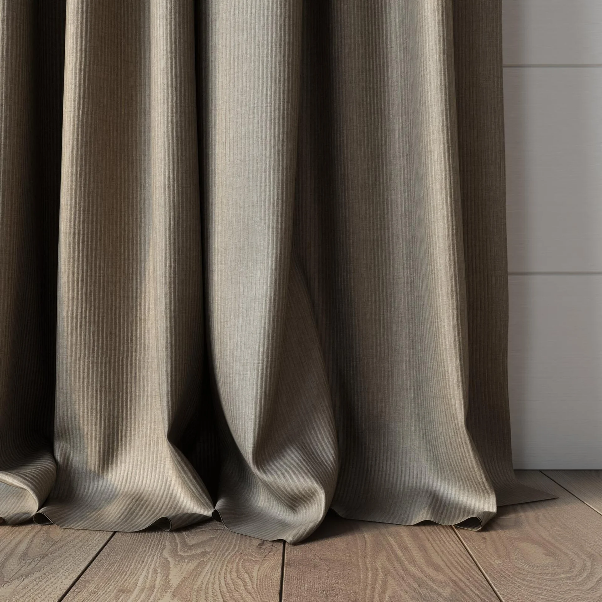 Bottom view of Hombre Taupe, puddled, on curtain rod