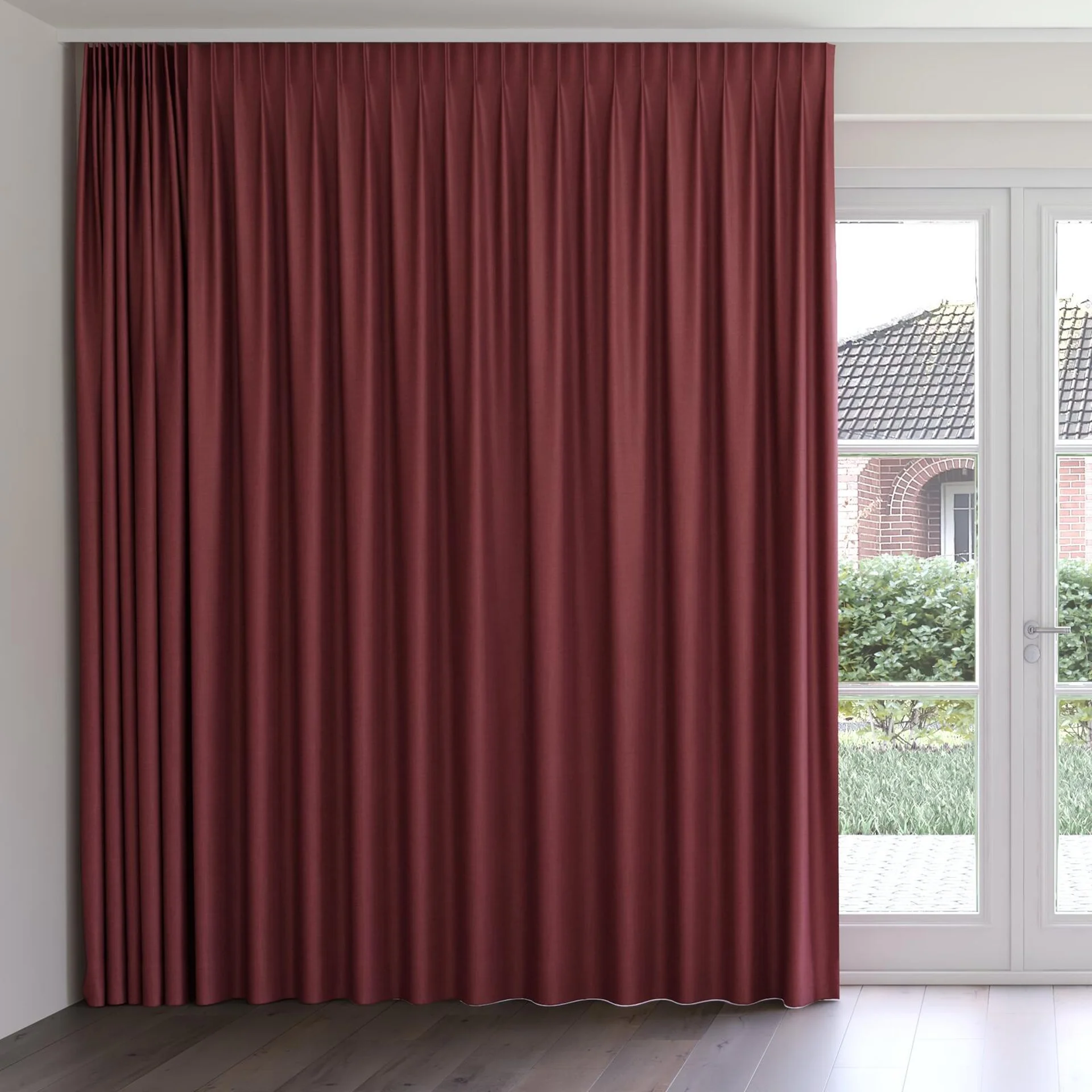Front view of Frisco Tawny, on curtain rail