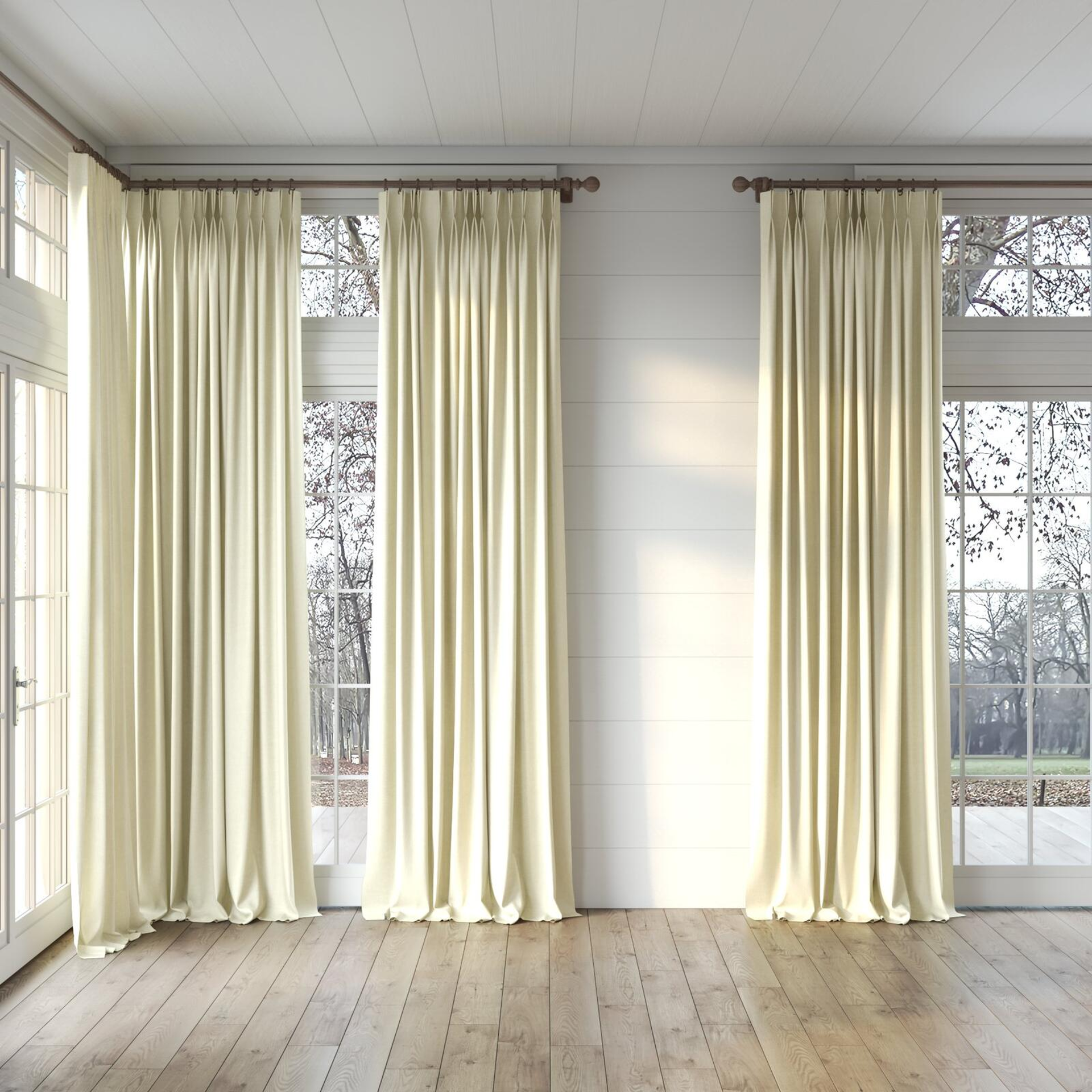 Full view of Bronco Parchment, puddled, on curtain rod