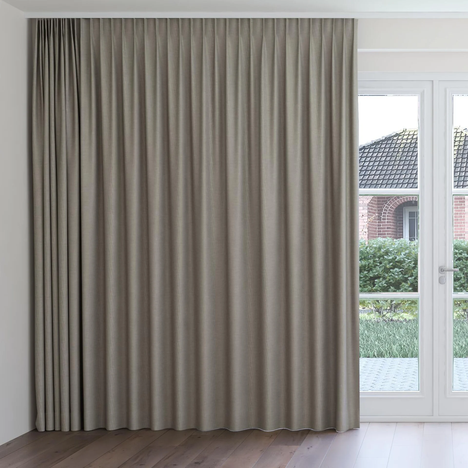 Front view of Casual Truffle, on curtain rail