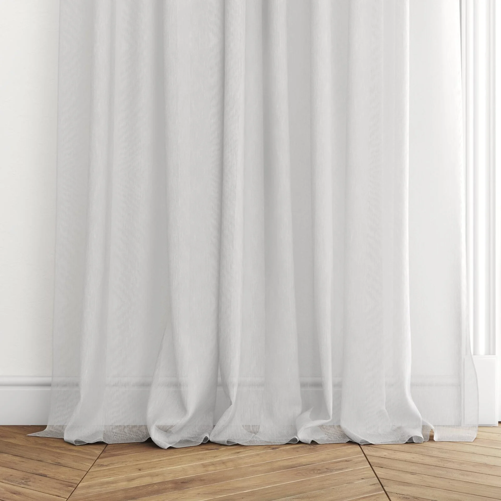 Bottom view of Stratus Dove, puddled with pinch pleat, on curtain rod