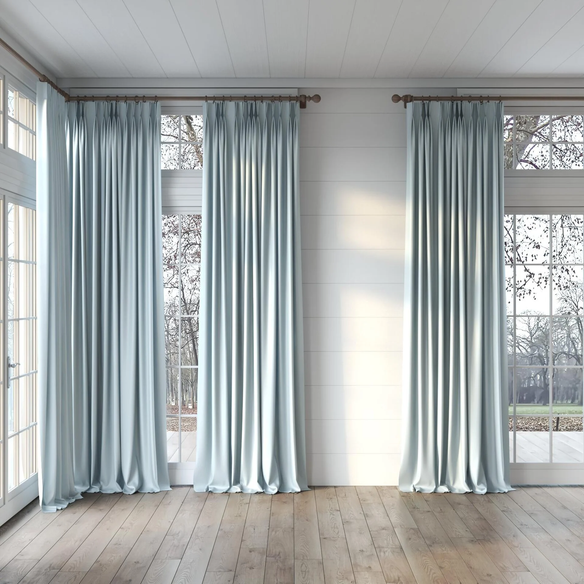 Full view of Stellar Blackout Cascade, puddled, on curtain rod