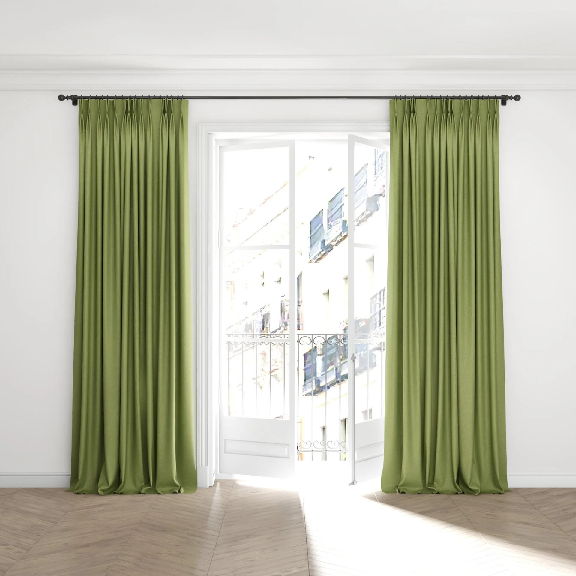 Full view of Casual Palm, puddled with pinch pleat, on curtain rod