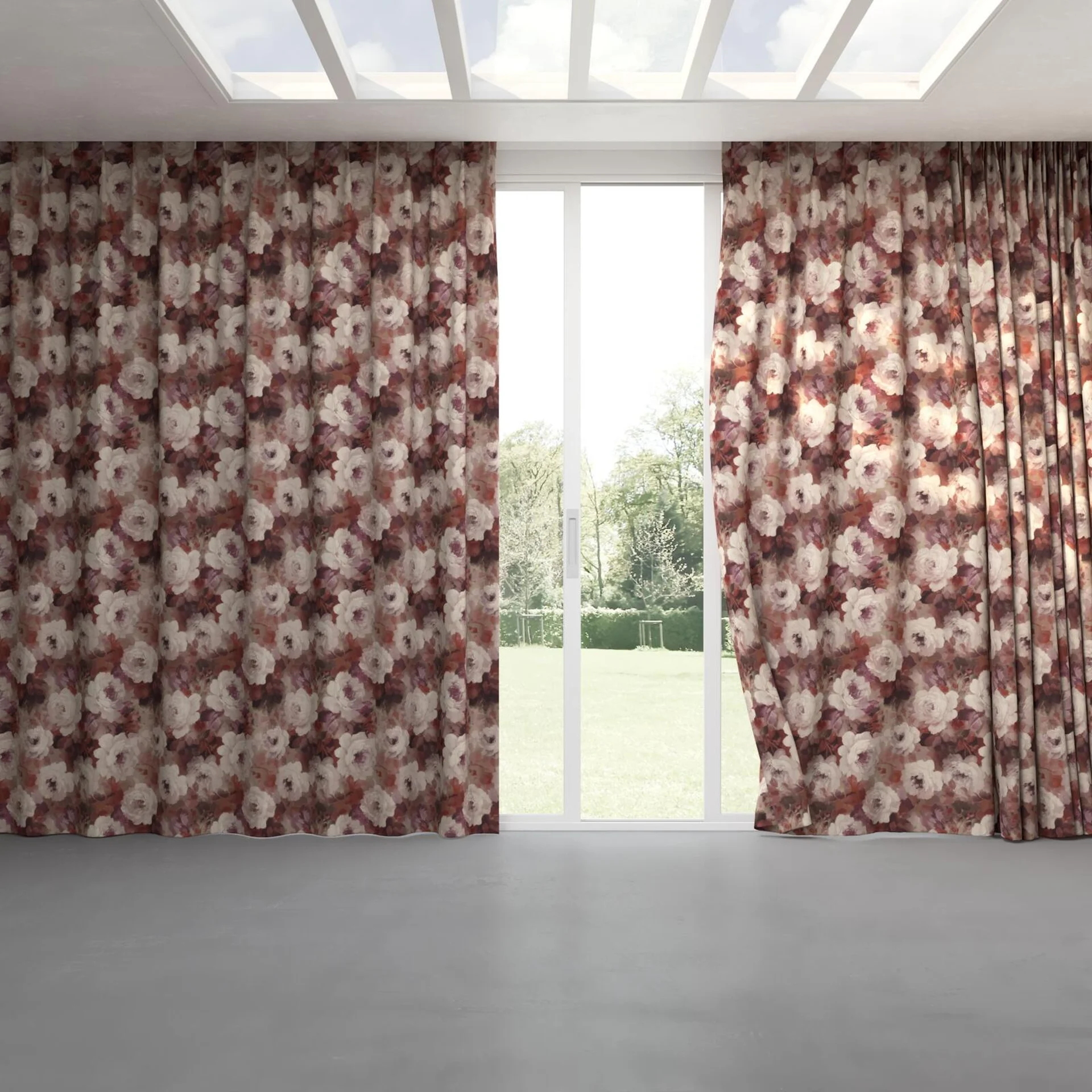 Full view of Victoria Garnet, pinch pleat